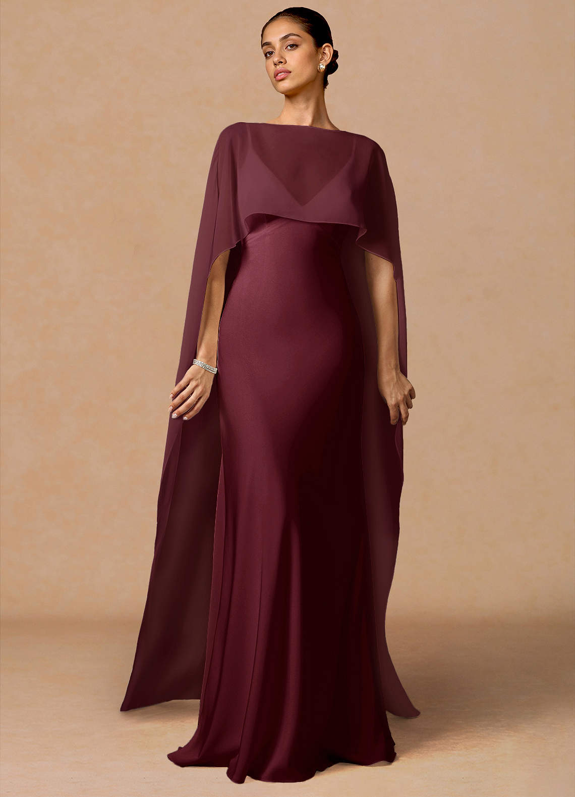 Primrose Mermaid V-Neck Stretch Satin and Chiffon Evening Dress in Wine