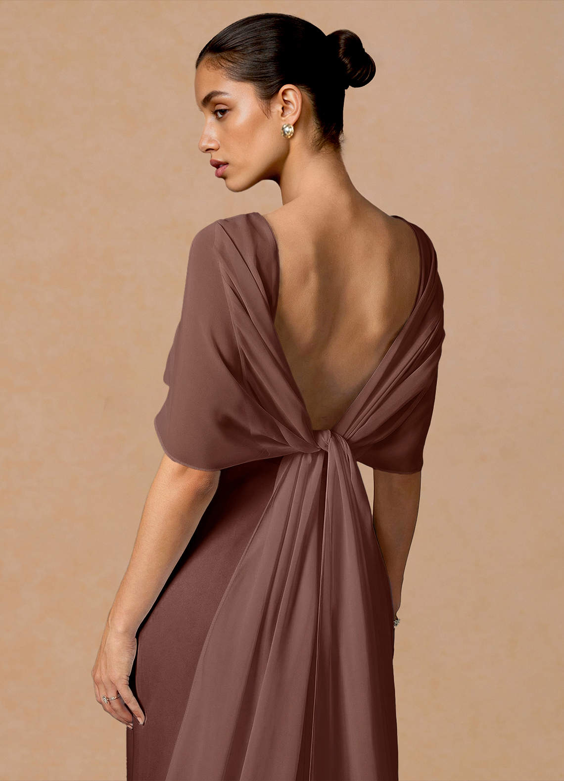 Primrose Mermaid V-Neck Stretch Satin and Chiffon Evening Dress in Mocha Coco