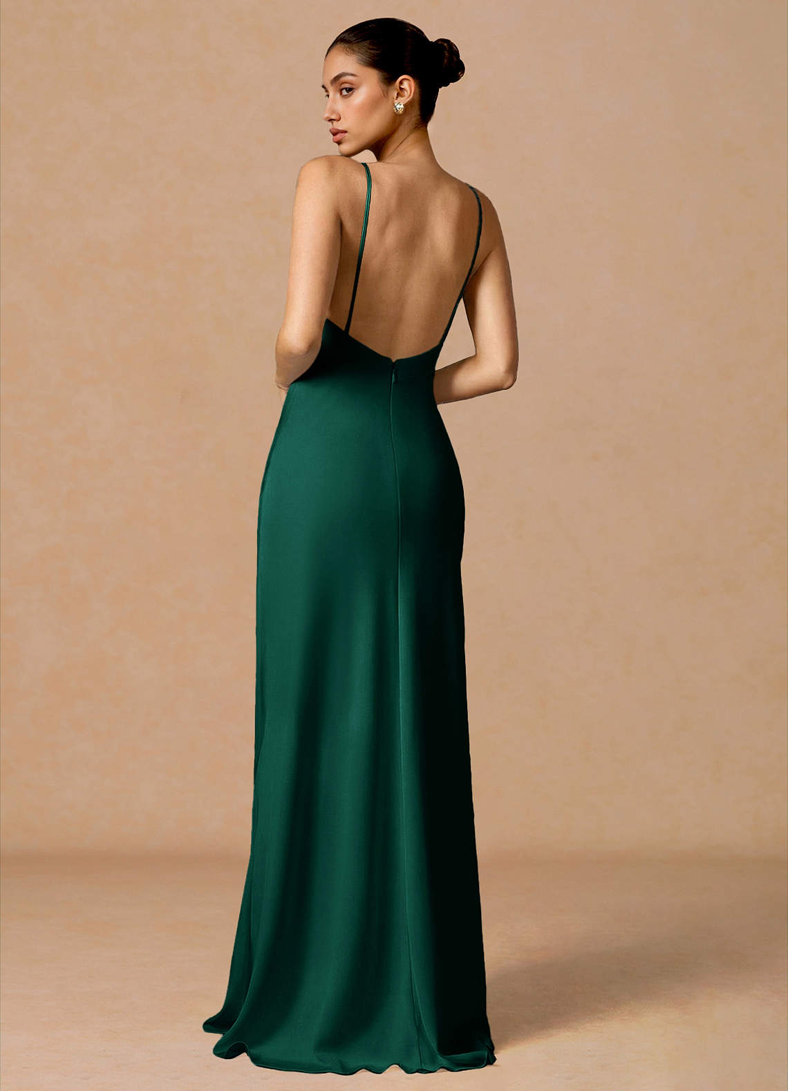 Primrose Mermaid V-Neck Stretch Satin and Chiffon Evening Dress in Hunter Green
