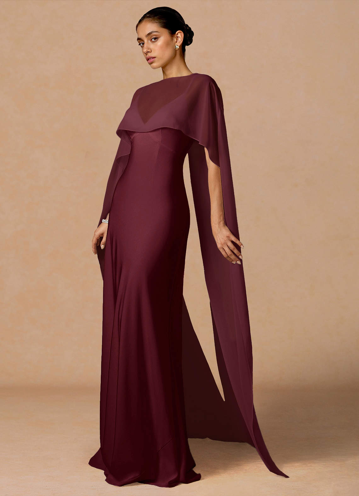 Primrose Mermaid V-Neck Stretch Satin and Chiffon Evening Dress in Wine