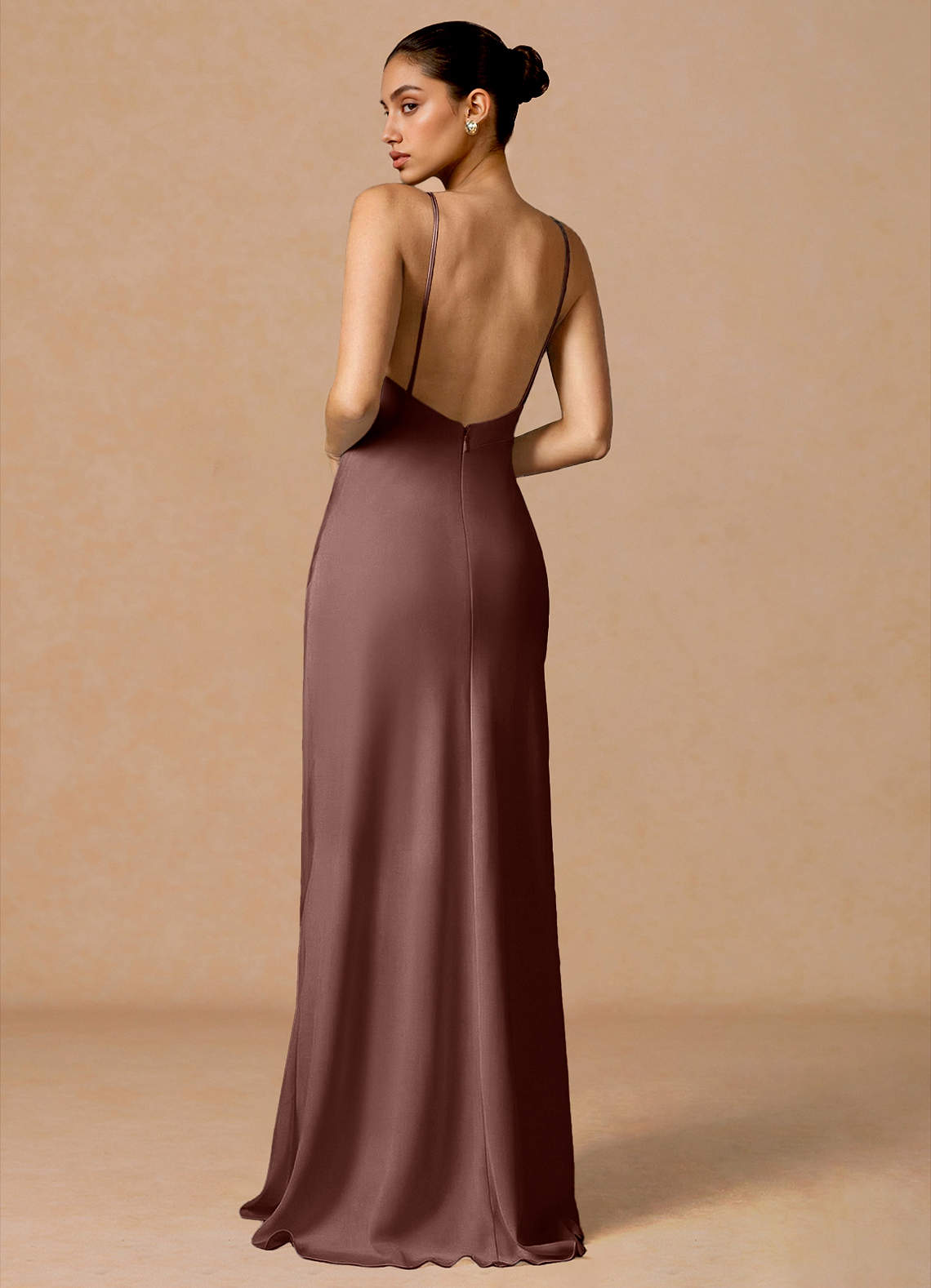 Primrose Mermaid V-Neck Stretch Satin and Chiffon Evening Dress in Mocha Coco