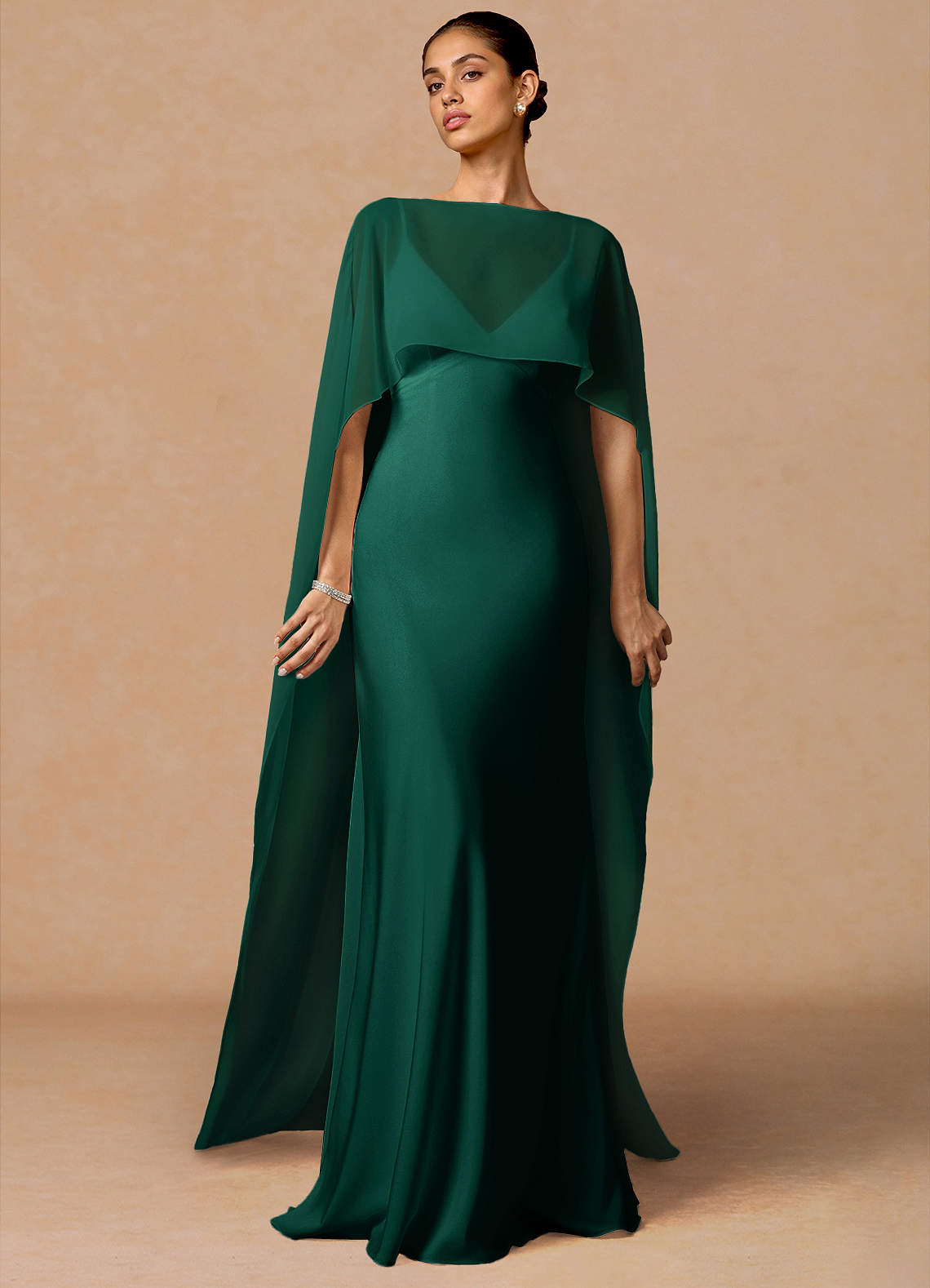 Primrose Mermaid V-Neck Stretch Satin and Chiffon Evening Dress in Hunter Green