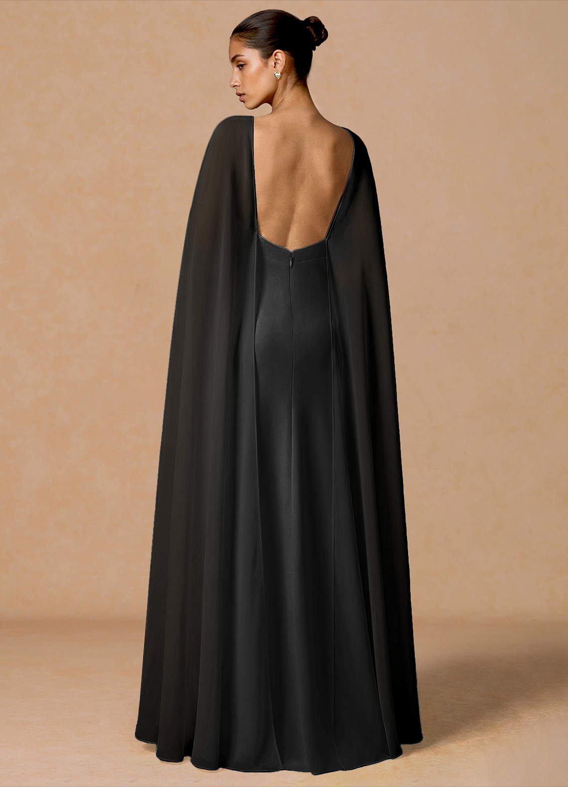 Primrose Mermaid V-Neck Stretch Satin and Chiffon Evening Dress in black