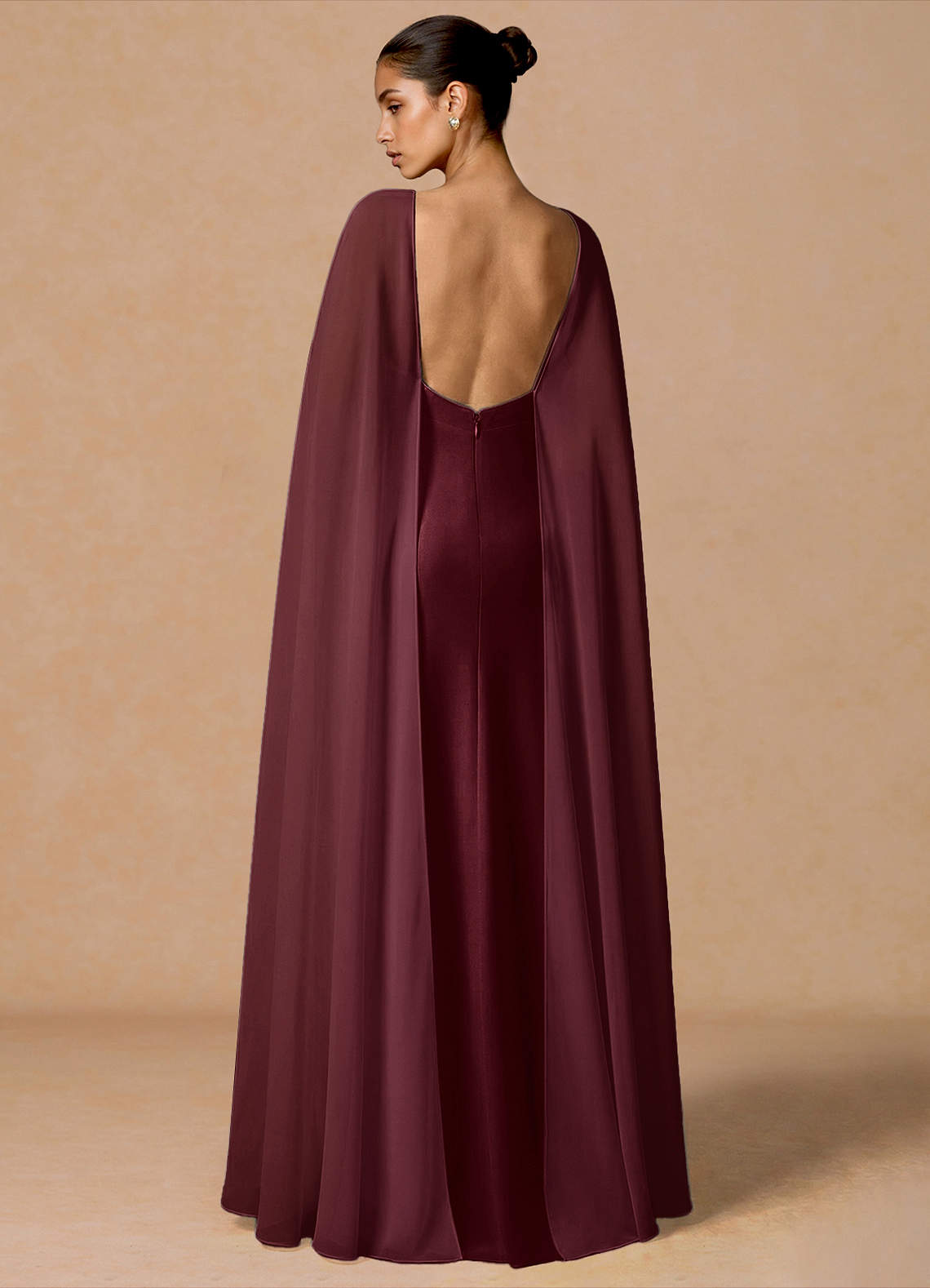 Primrose Mermaid V-Neck Stretch Satin and Chiffon Evening Dress in Wine