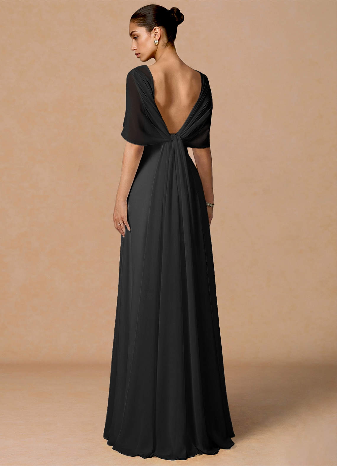 Primrose Mermaid V-Neck Stretch Satin and Chiffon Evening Dress in black
