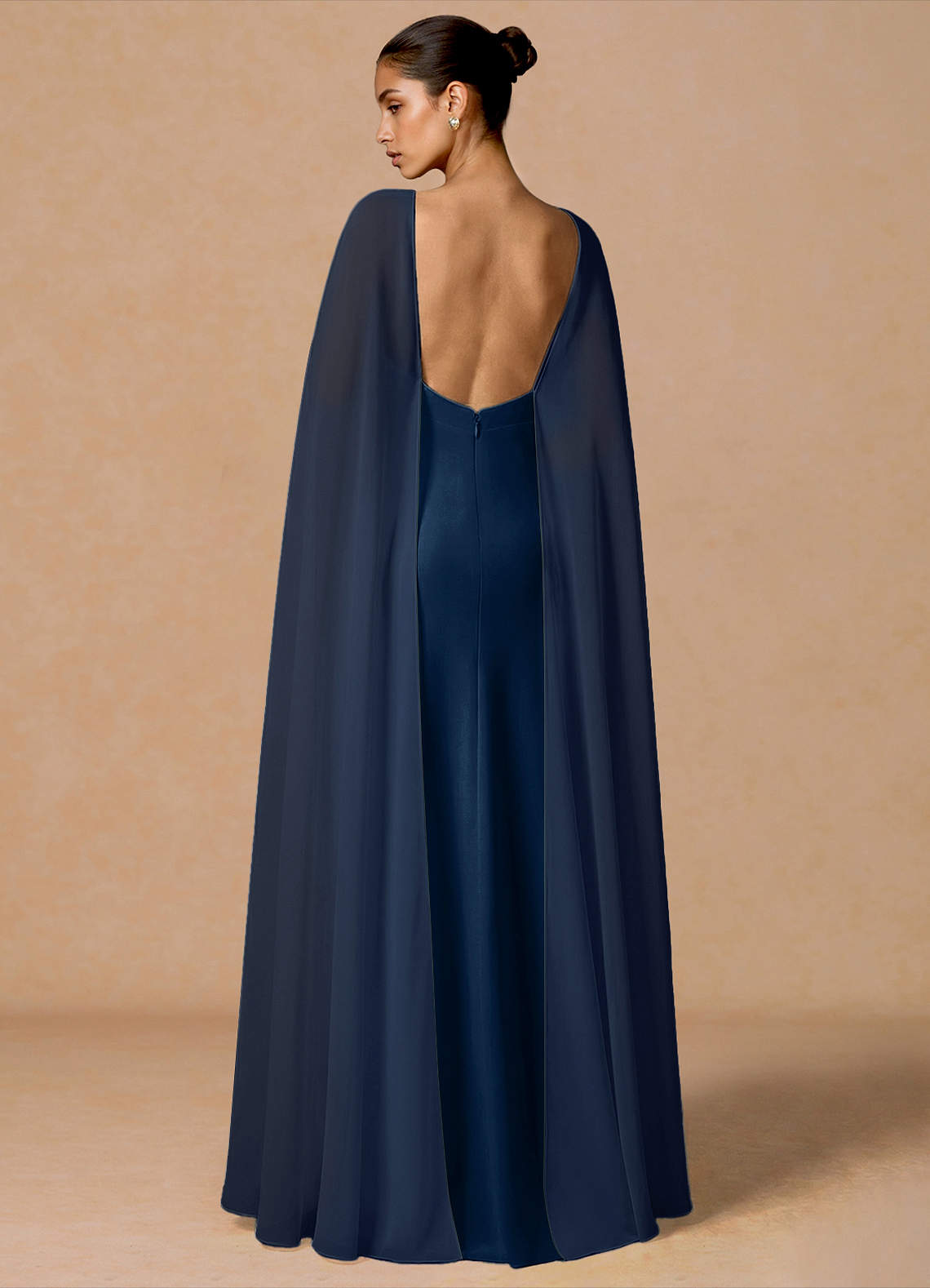 Primrose Mermaid V-Neck Stretch Satin and Chiffon Evening Dress in Navy