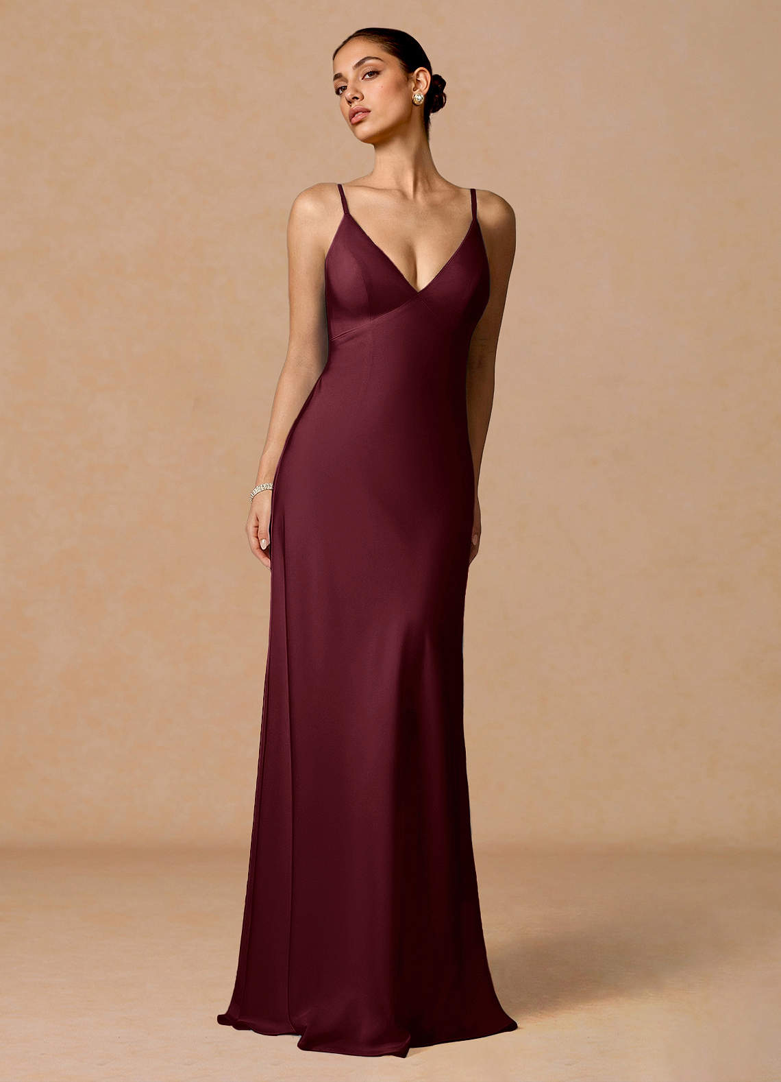Primrose Mermaid V-Neck Stretch Satin and Chiffon Evening Dress in Wine