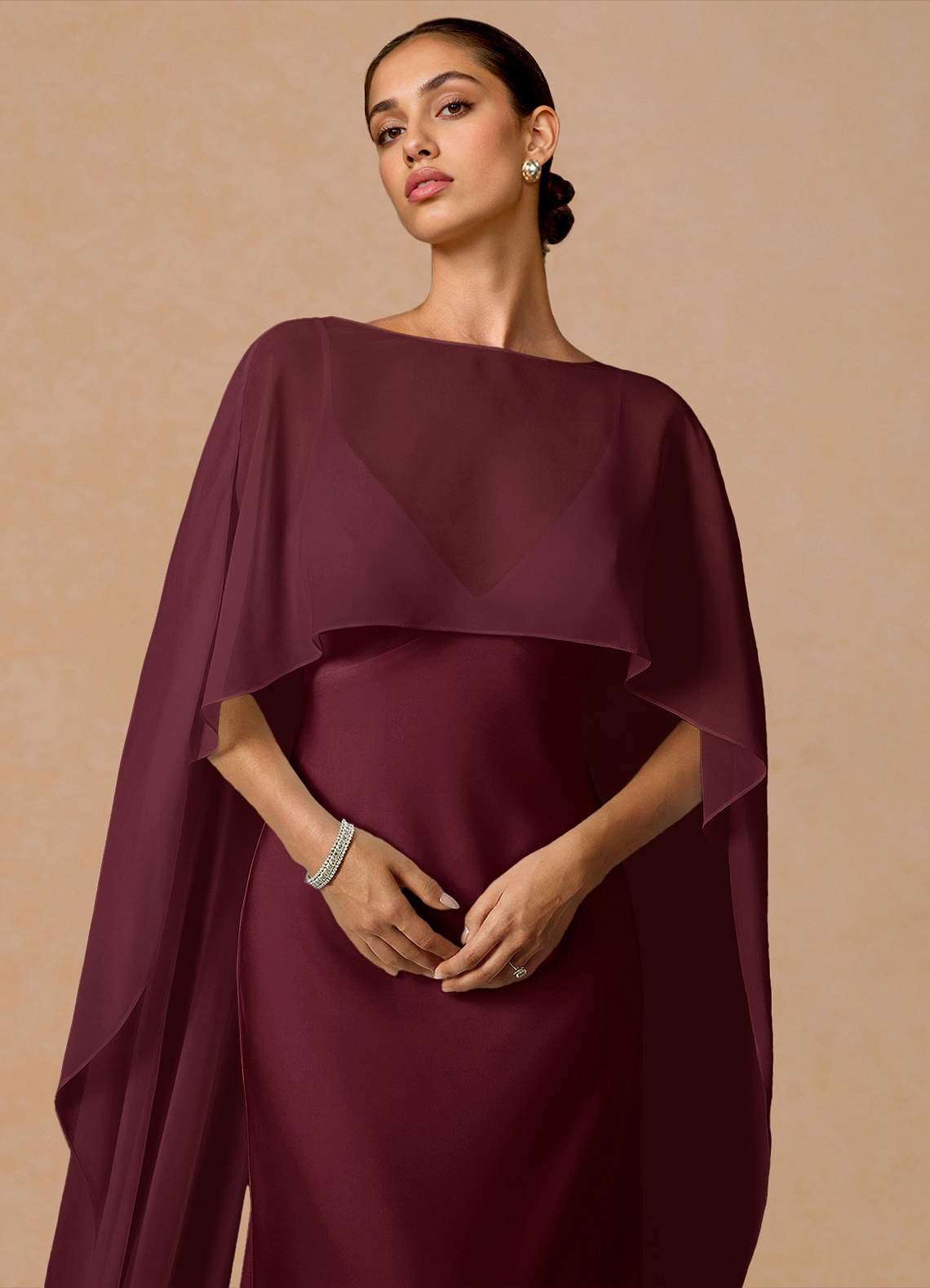Primrose Mermaid V-Neck Stretch Satin and Chiffon Evening Dress in Wine