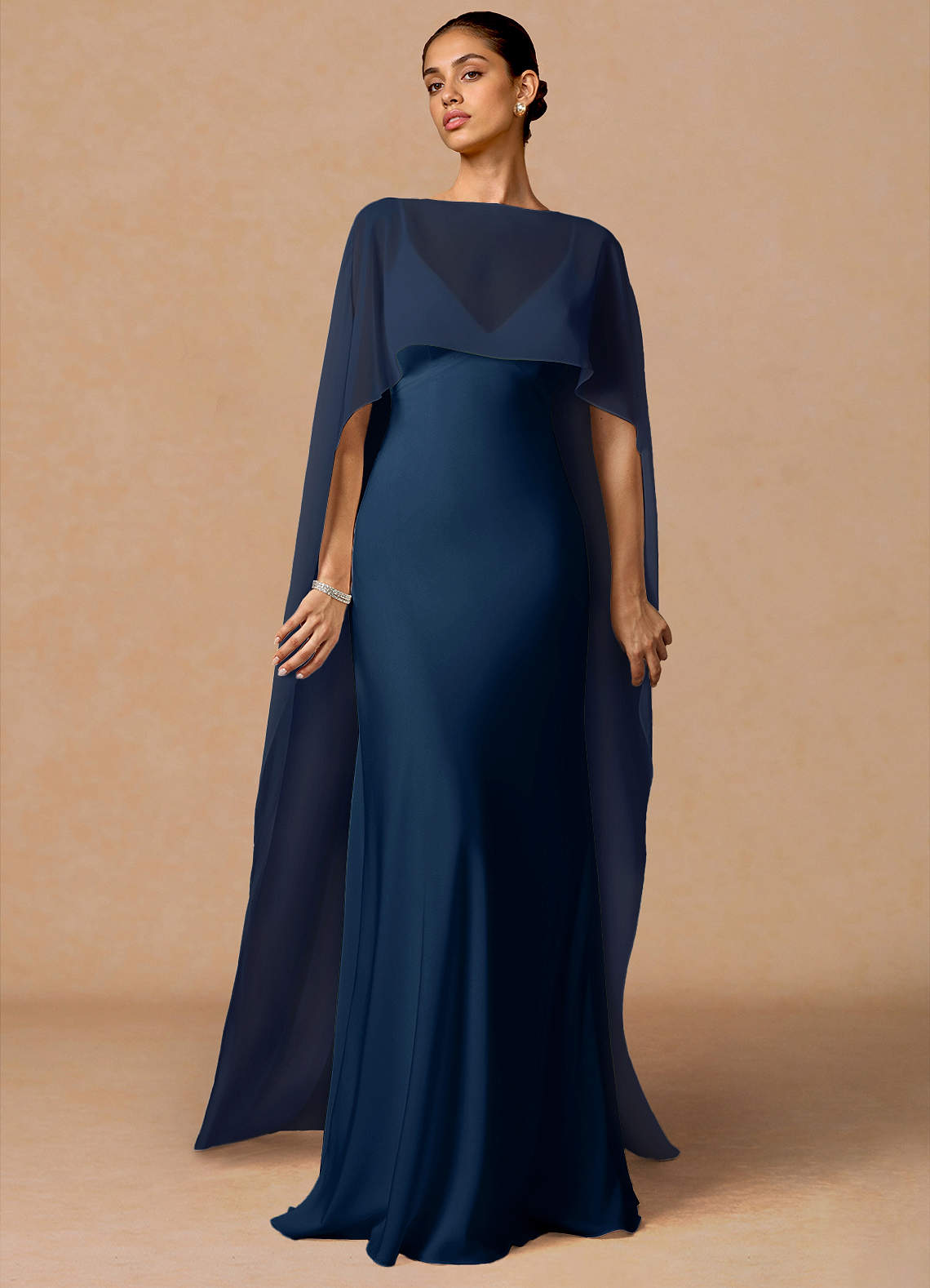 Primrose Mermaid V-Neck Stretch Satin and Chiffon Evening Dress in Navy