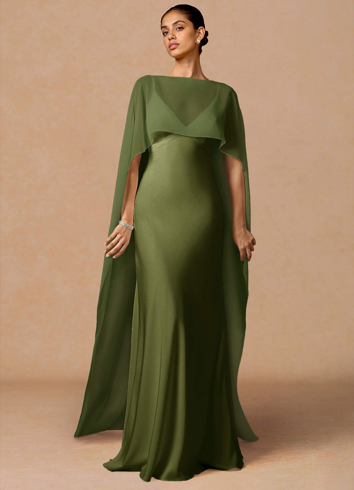 Primrose Mermaid V-Neck Stretch Satin and Chiffon Evening Dress in Olive