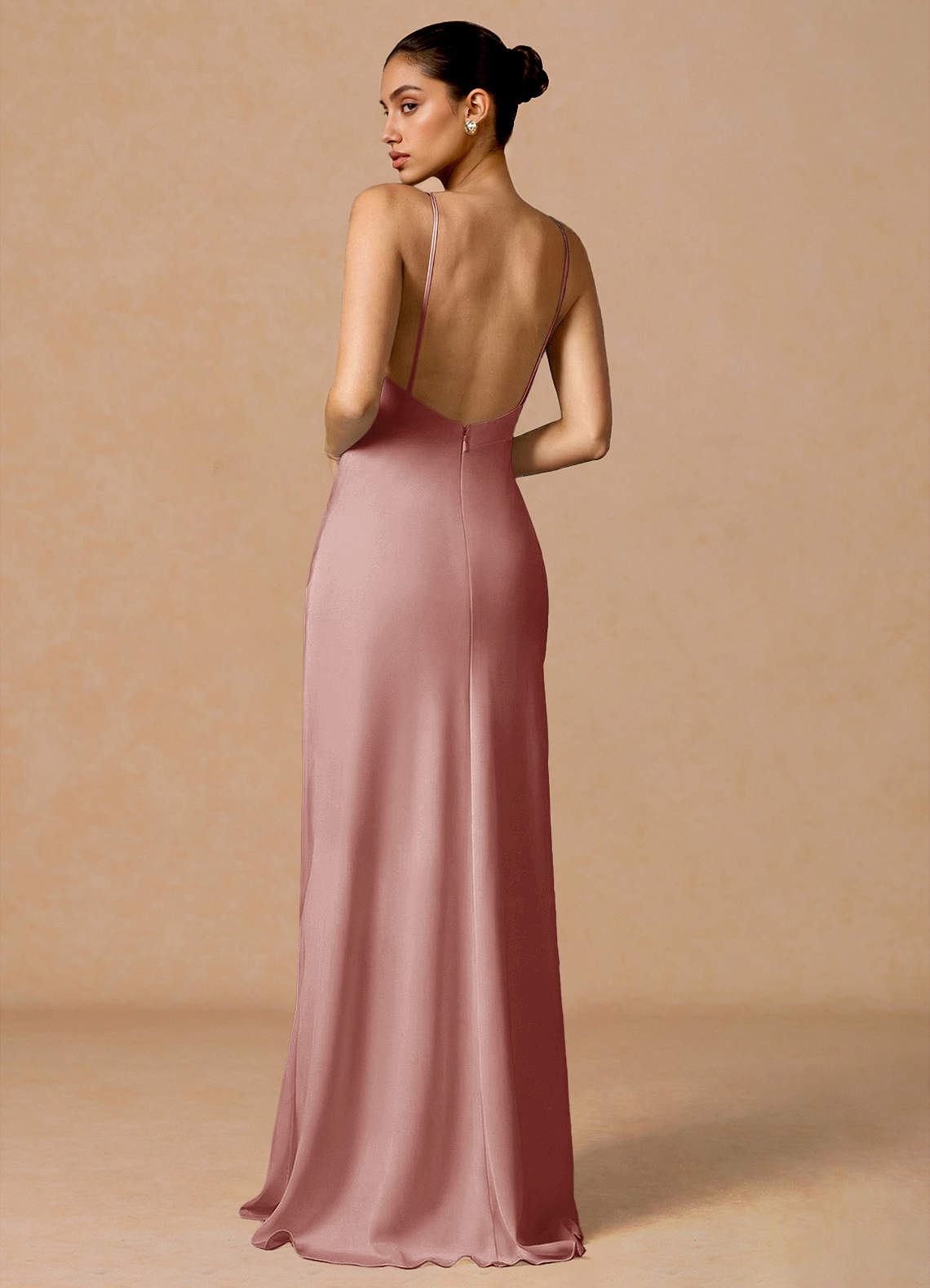 Primrose Mermaid V-Neck Stretch Satin and Chiffon Evening Dress in Dusty Pink