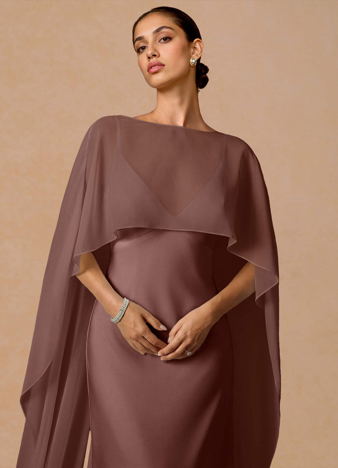 Primrose Mermaid V-Neck Stretch Satin and Chiffon Evening Dress in Mocha Coco