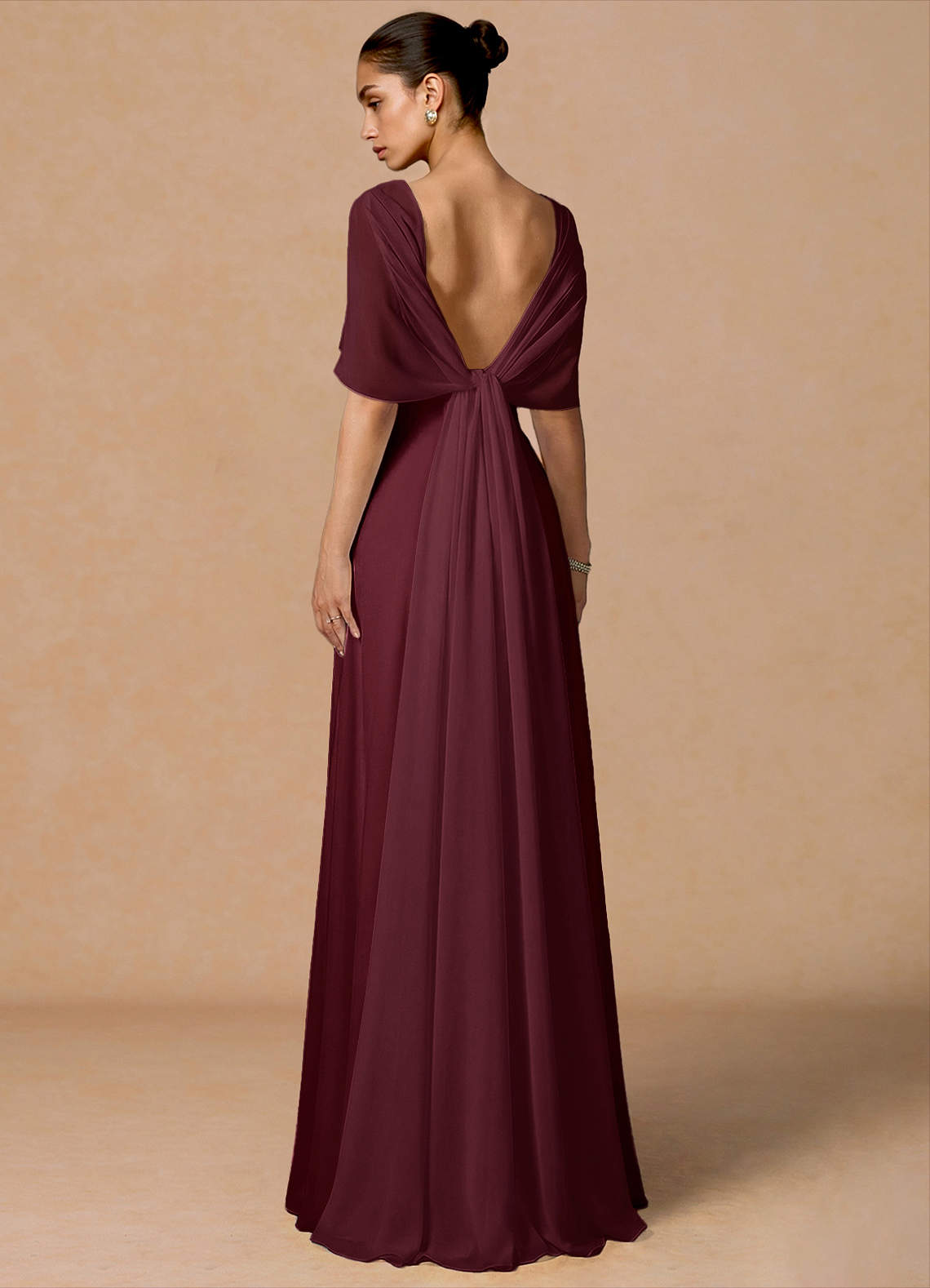 Primrose Mermaid V-Neck Stretch Satin and Chiffon Evening Dress in Wine