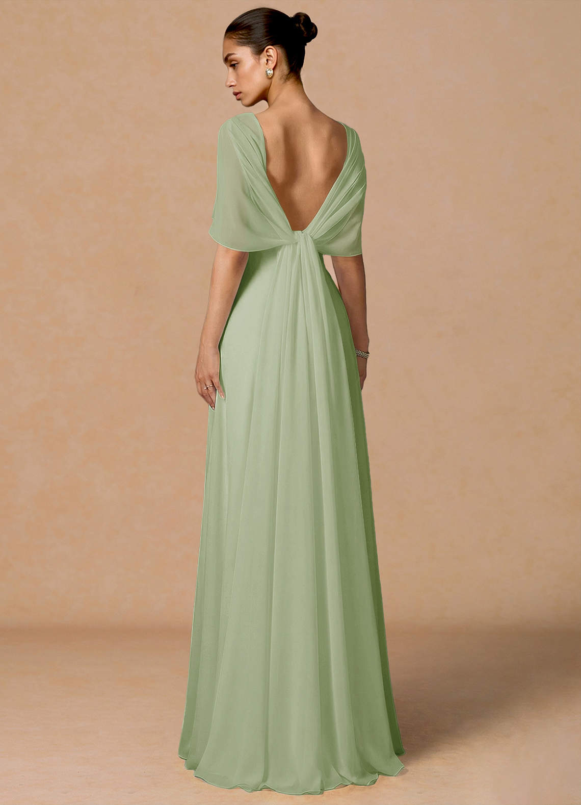 Primrose Mermaid V-Neck Stretch Satin and Chiffon Evening Dress in Light Green