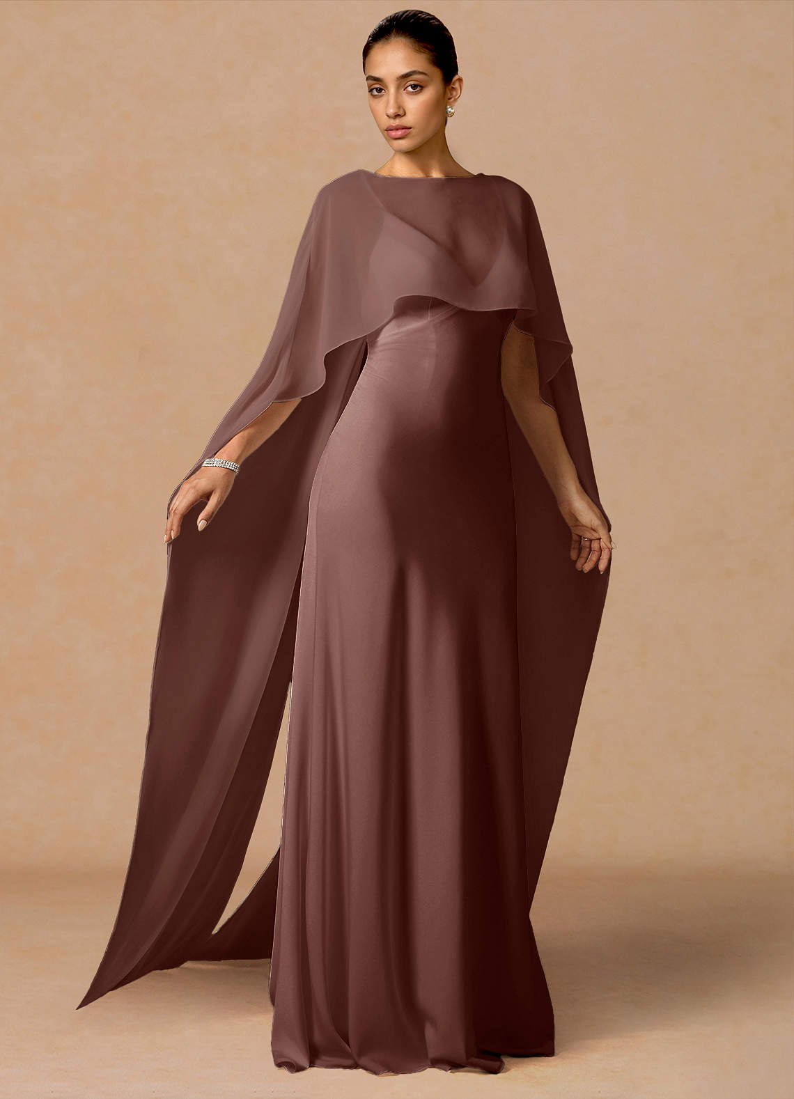 Primrose Mermaid V-Neck Stretch Satin and Chiffon Evening Dress in Mocha Coco