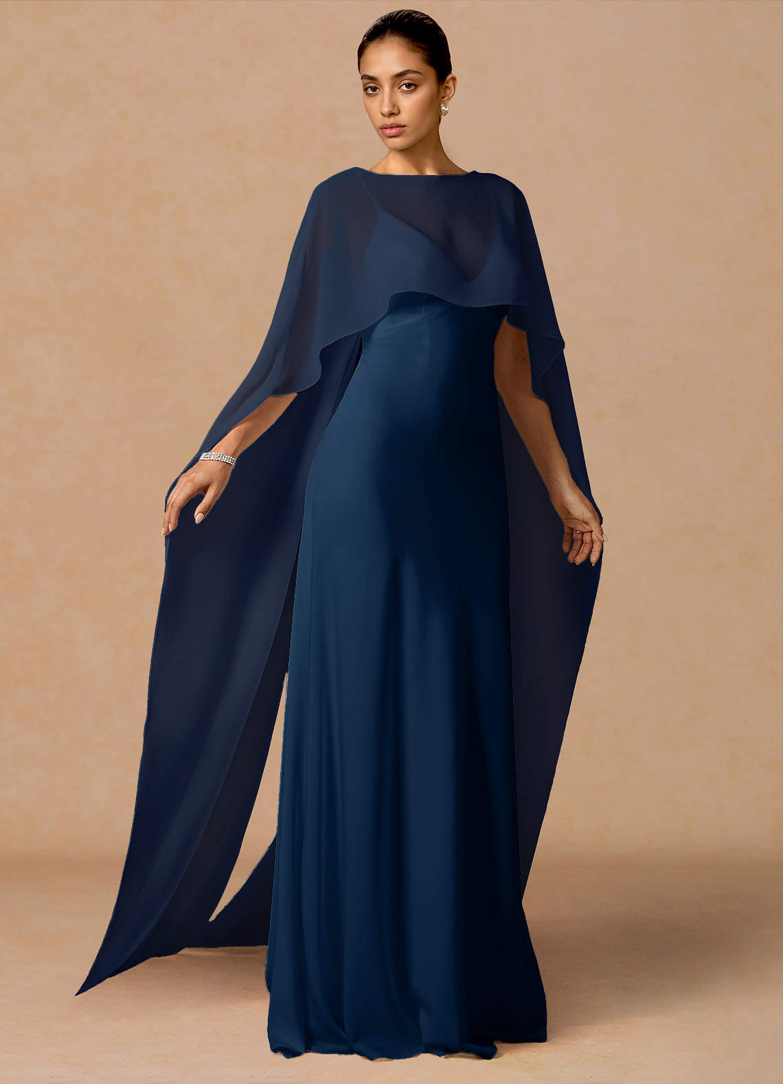 Primrose Mermaid V-Neck Stretch Satin and Chiffon Evening Dress in Navy