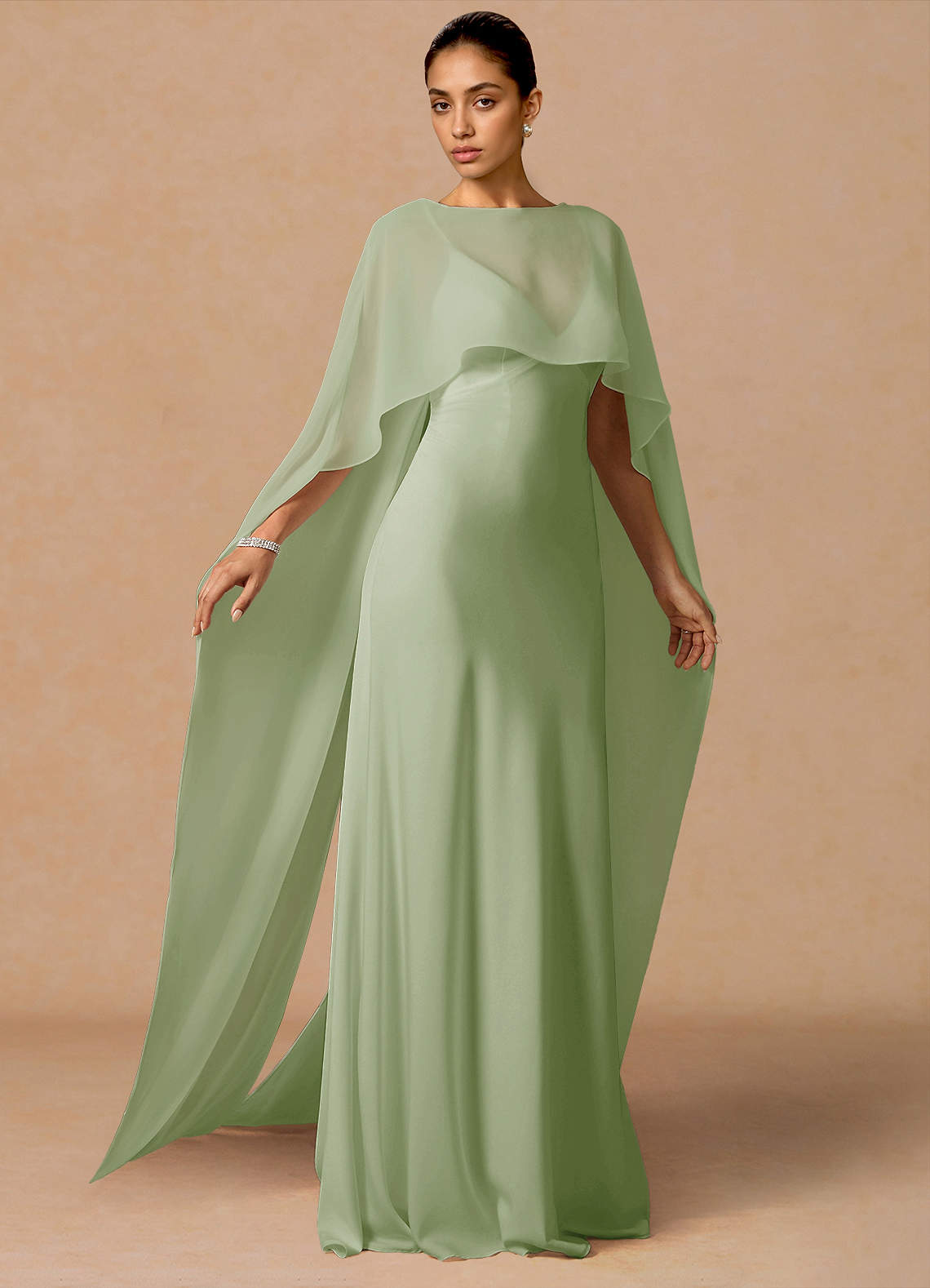 Primrose Mermaid V-Neck Stretch Satin and Chiffon Evening Dress in Light Green