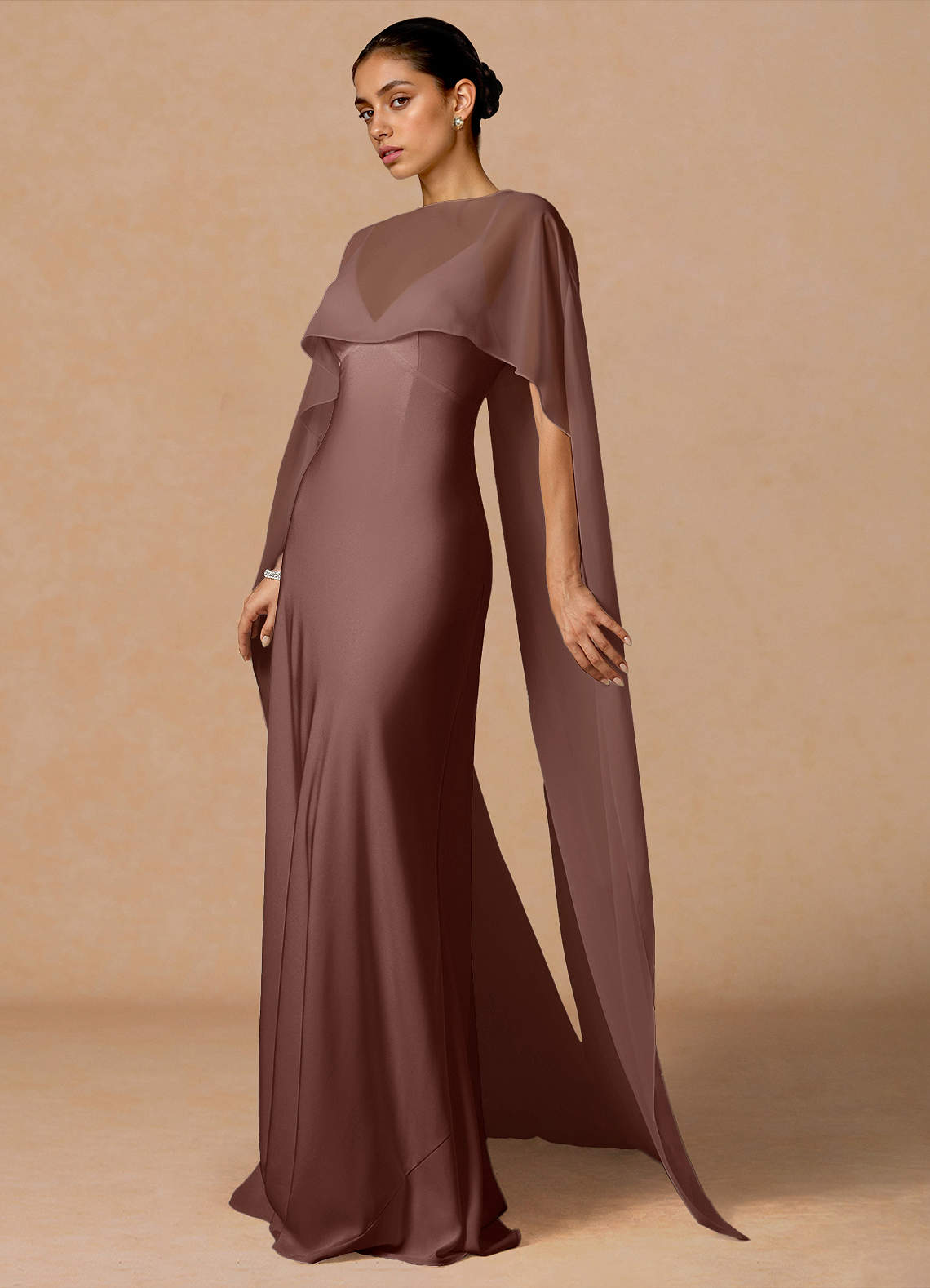 Primrose Mermaid V-Neck Stretch Satin and Chiffon Evening Dress in Mocha Coco