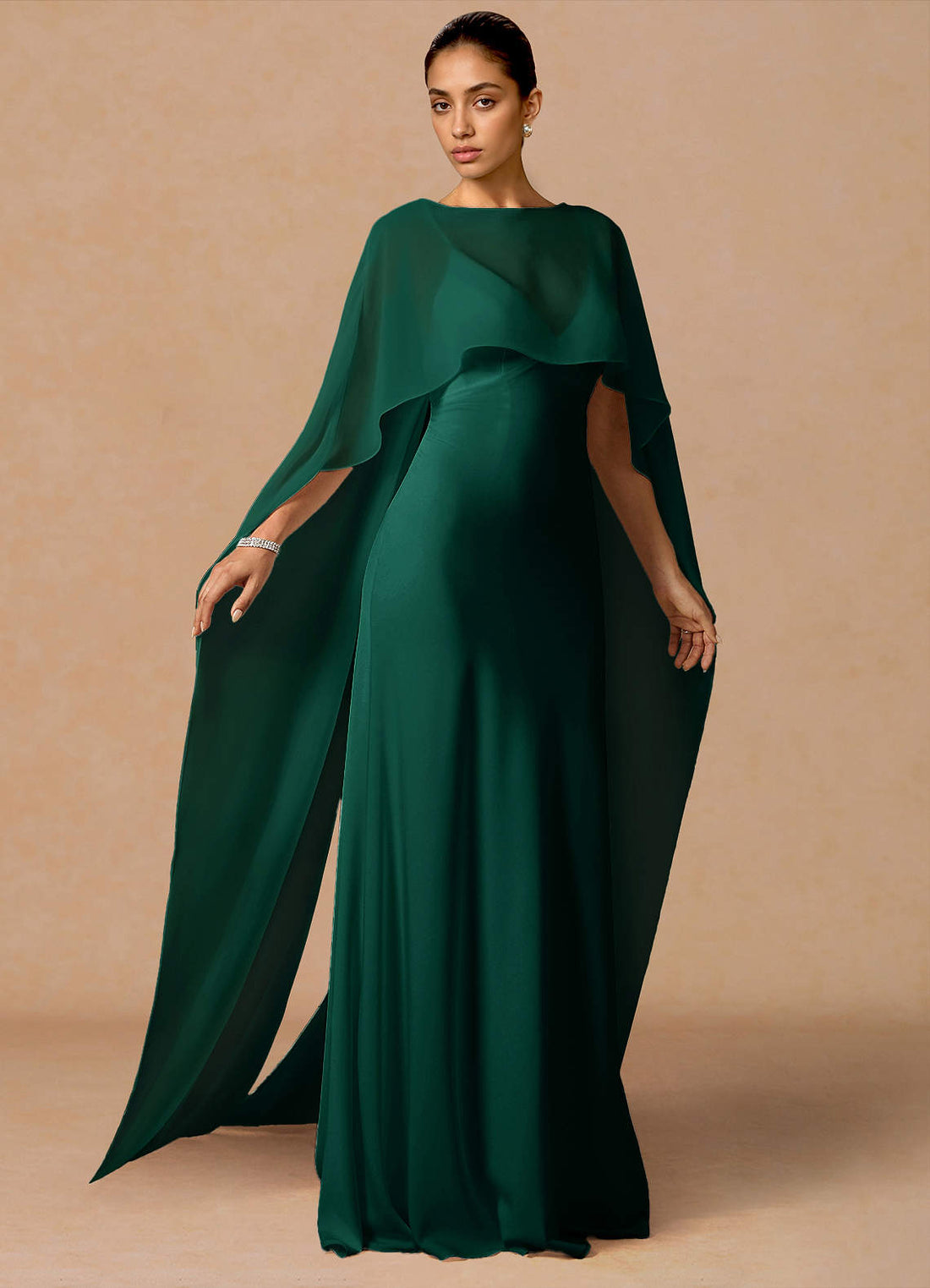 Primrose Mermaid V-Neck Stretch Satin and Chiffon Evening Dress in Hunter Green