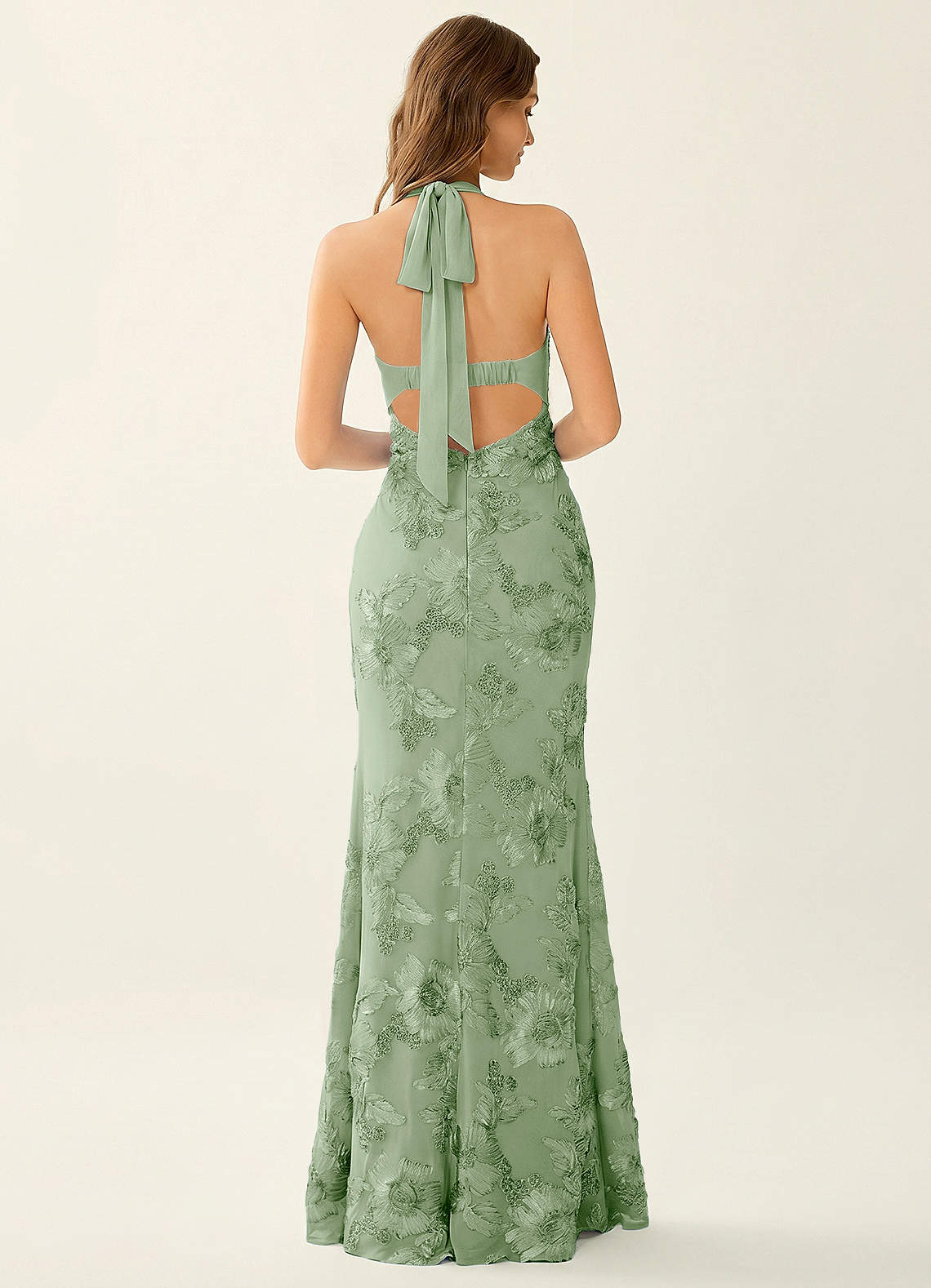 Priscilla Mermaid Halter Stretch Lace and Chiffon Prom Dress in Sage