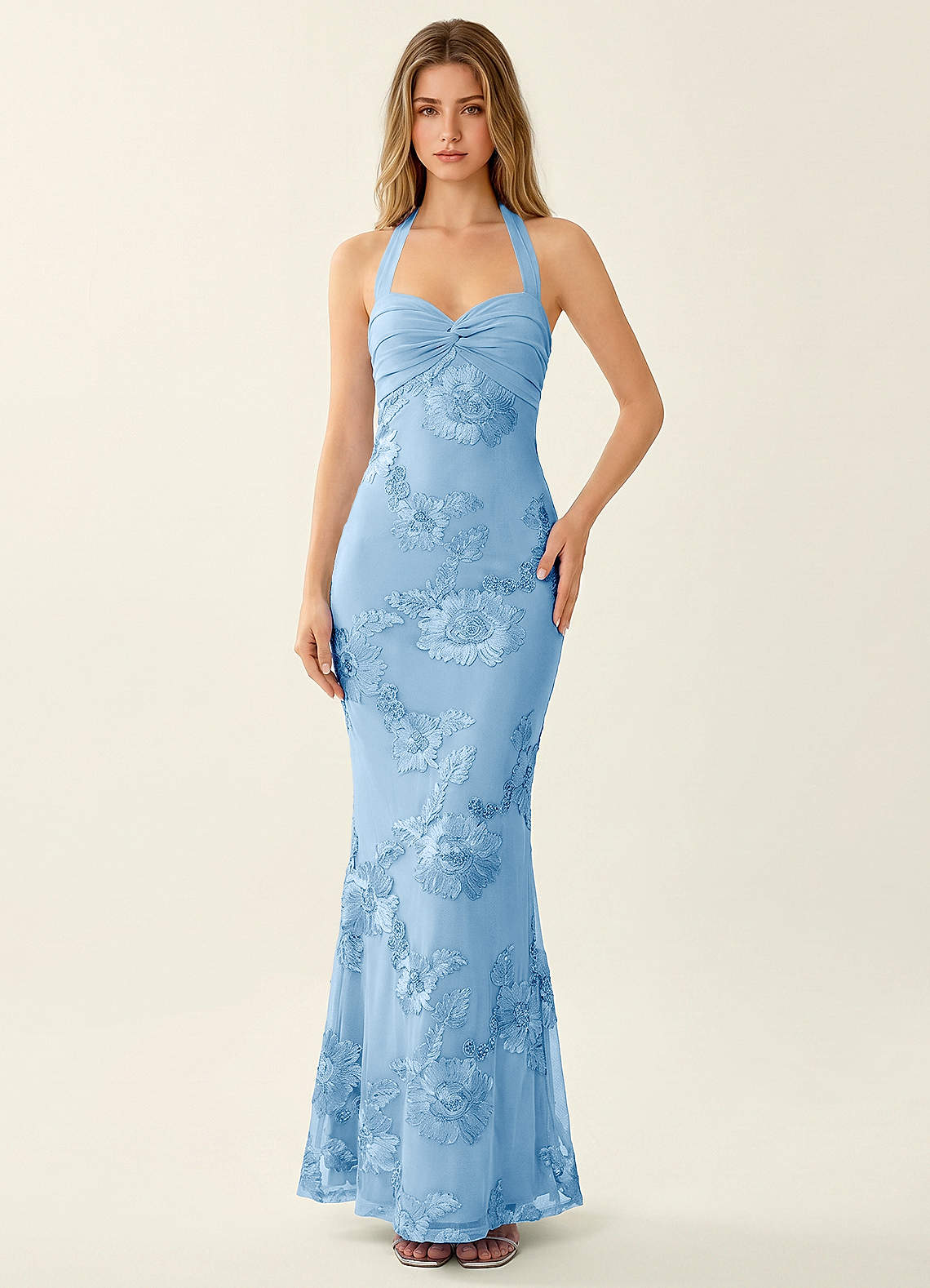Priscilla Mermaid Halter Stretch Lace and Chiffon Prom Dress in Sky Blue