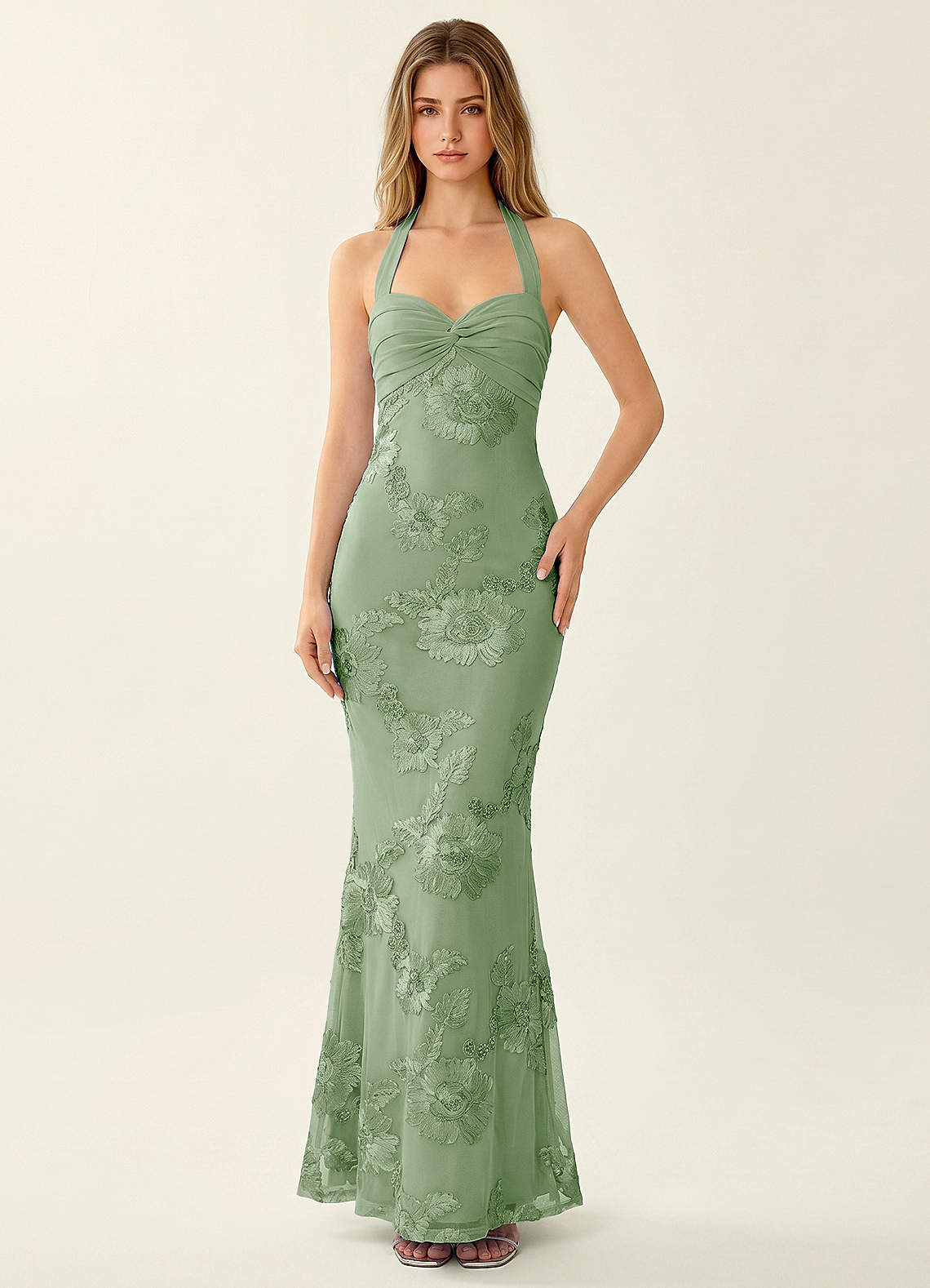 Priscilla Mermaid Halter Stretch Lace and Chiffon Prom Dress in Sage