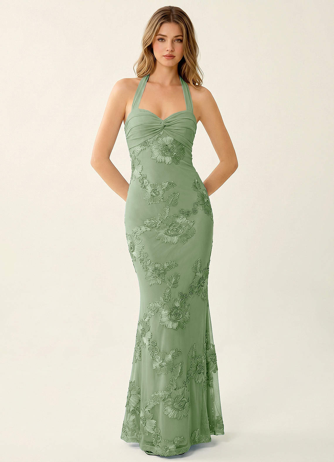 Priscilla Mermaid Halter Stretch Lace and Chiffon Prom Dress in Sage