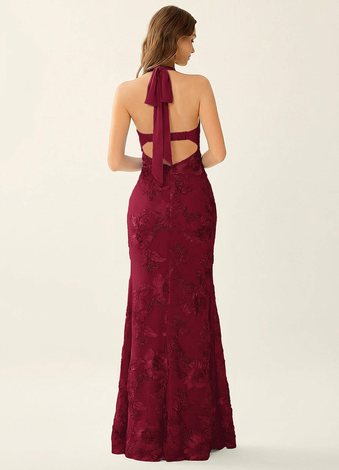 Priscilla Mermaid Halter Stretch Lace and Chiffon Prom Dress in Burgundy