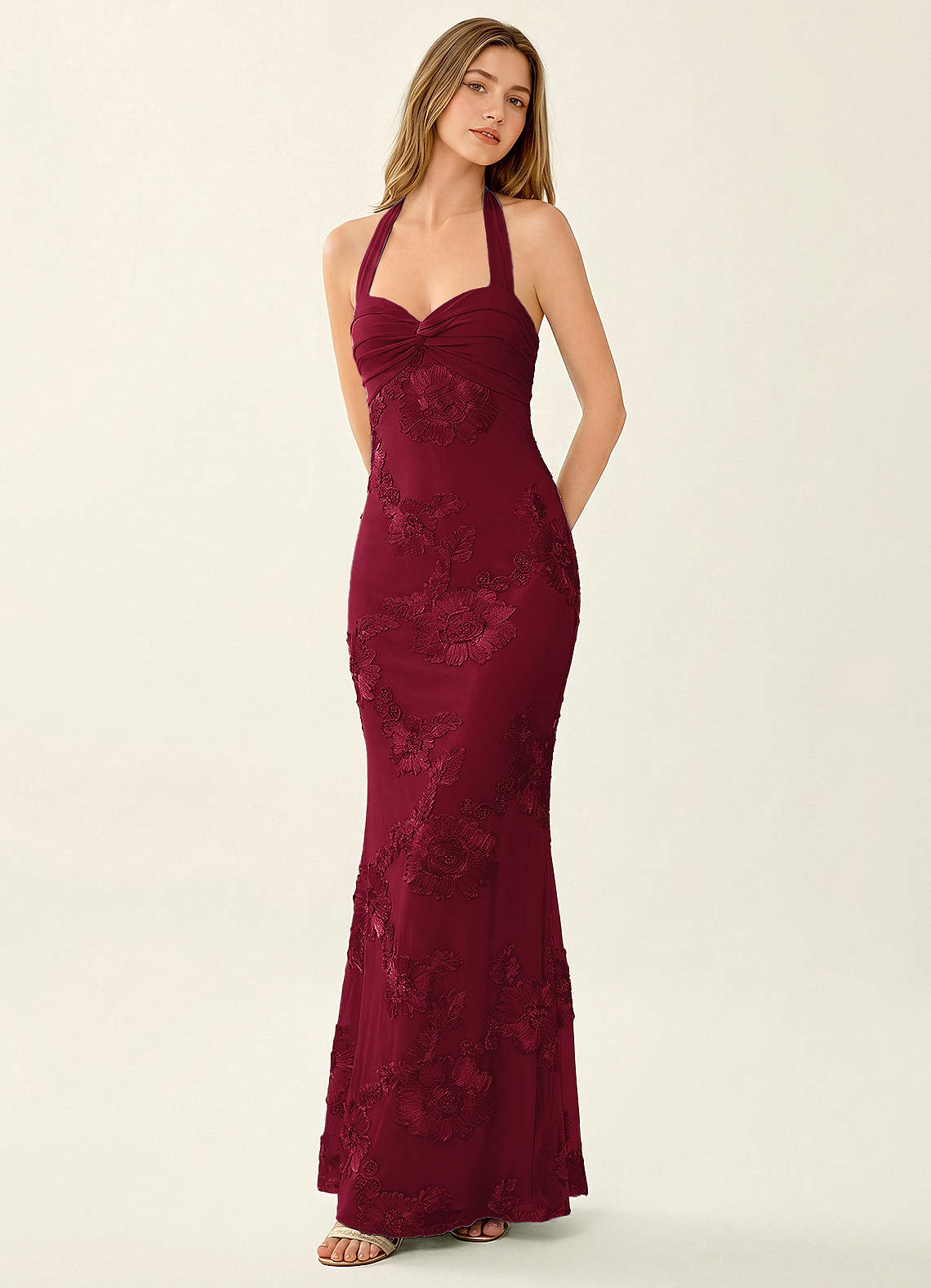 Priscilla Mermaid Halter Stretch Lace and Chiffon Prom Dress in Burgundy