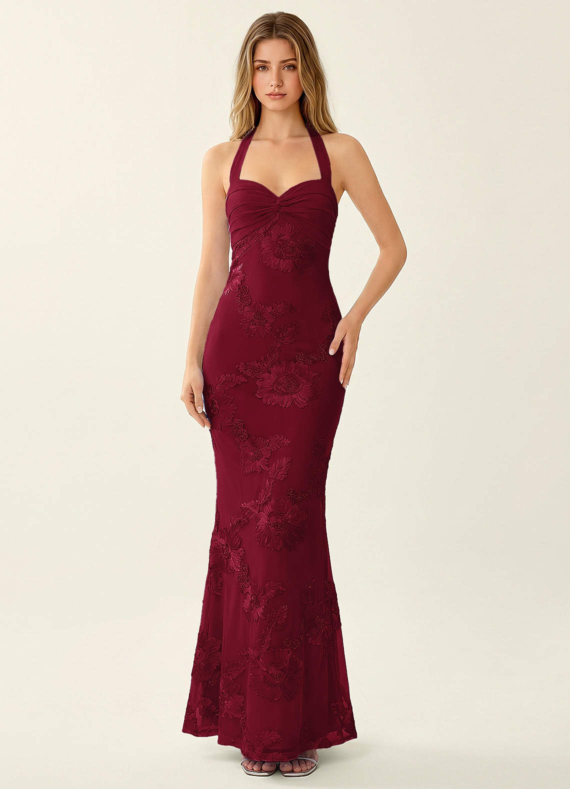 Priscilla Mermaid Halter Stretch Lace and Chiffon Prom Dress in Burgundy