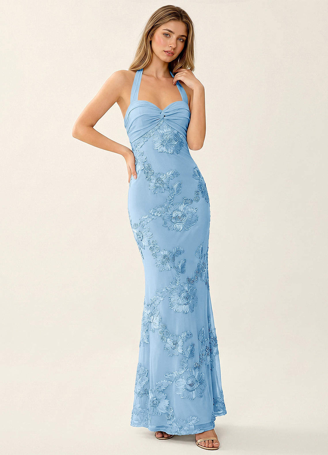 Priscilla Mermaid Halter Stretch Lace and Chiffon Prom Dress in Sky Blue