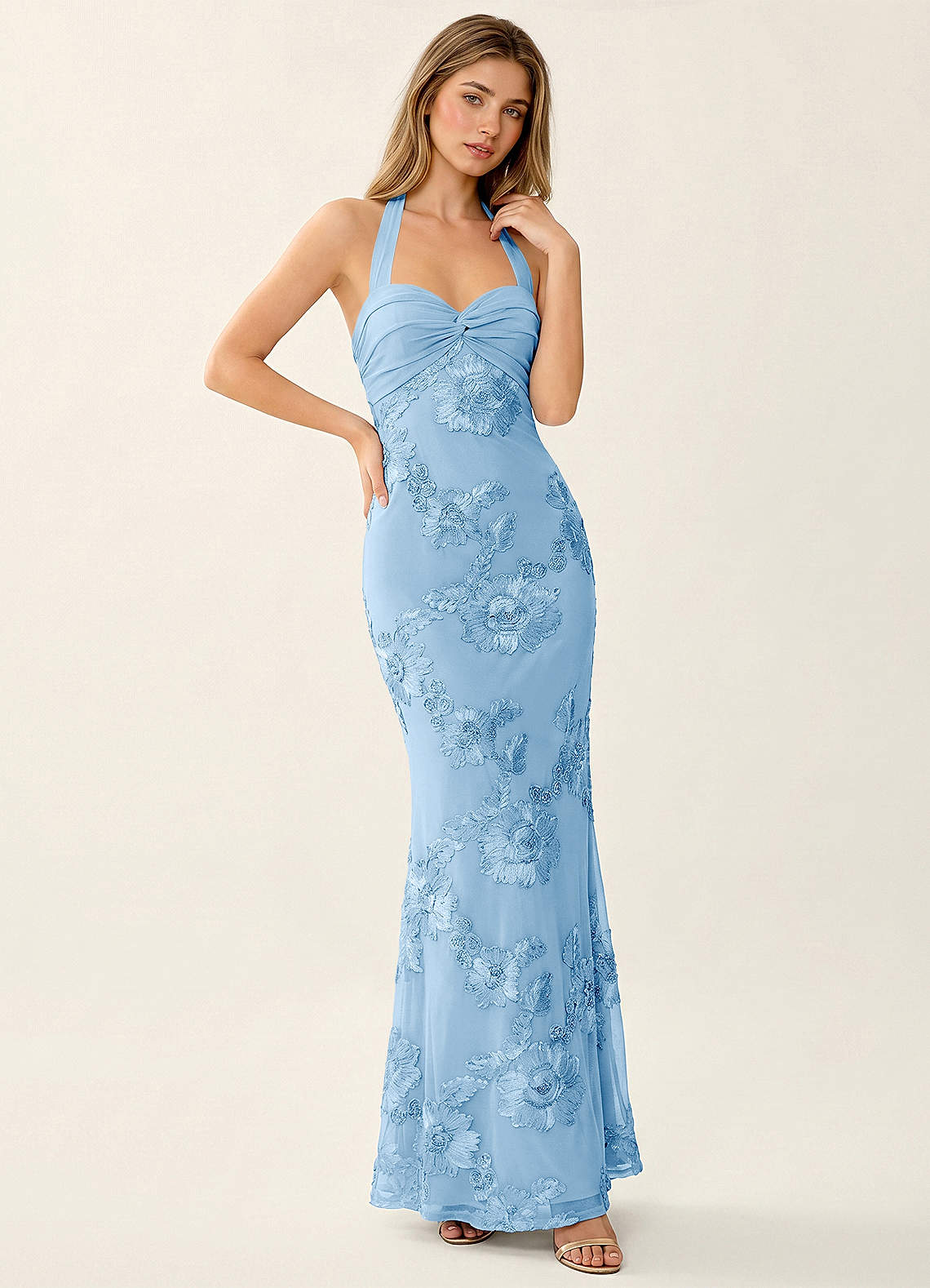 Priscilla Mermaid Halter Stretch Lace and Chiffon Prom Dress in Sky Blue