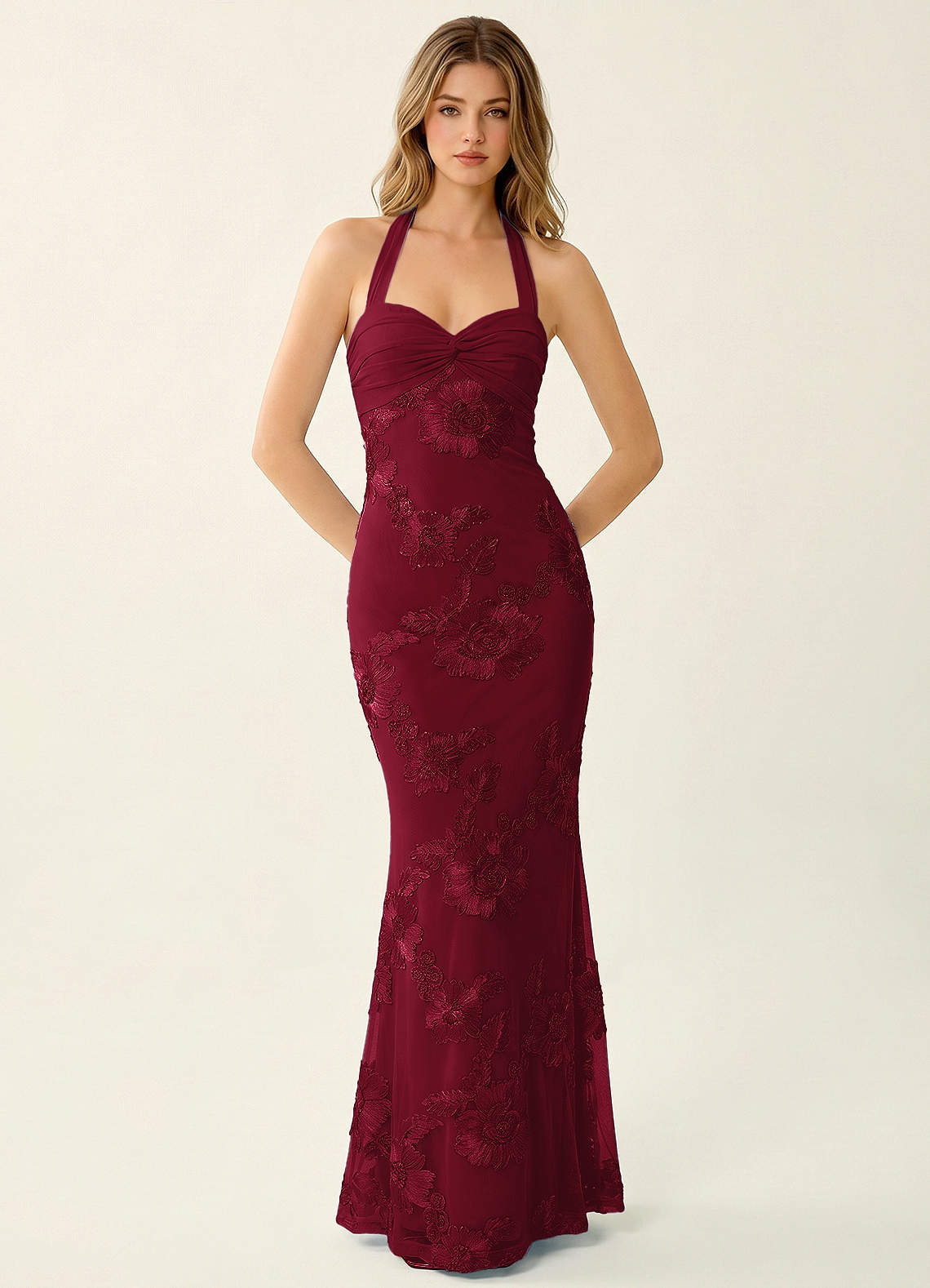Priscilla Mermaid Halter Stretch Lace and Chiffon Prom Dress in Burgundy
