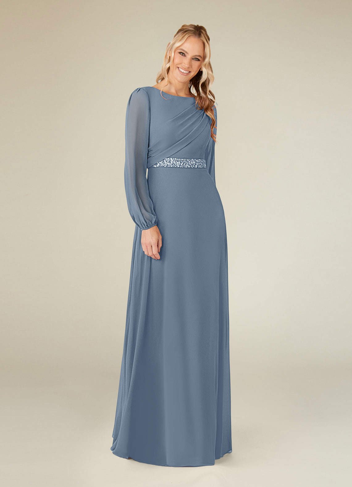 Priyanka A-Line Boat-Neck Chiffon Mother of the Bride Dress in dusty blue