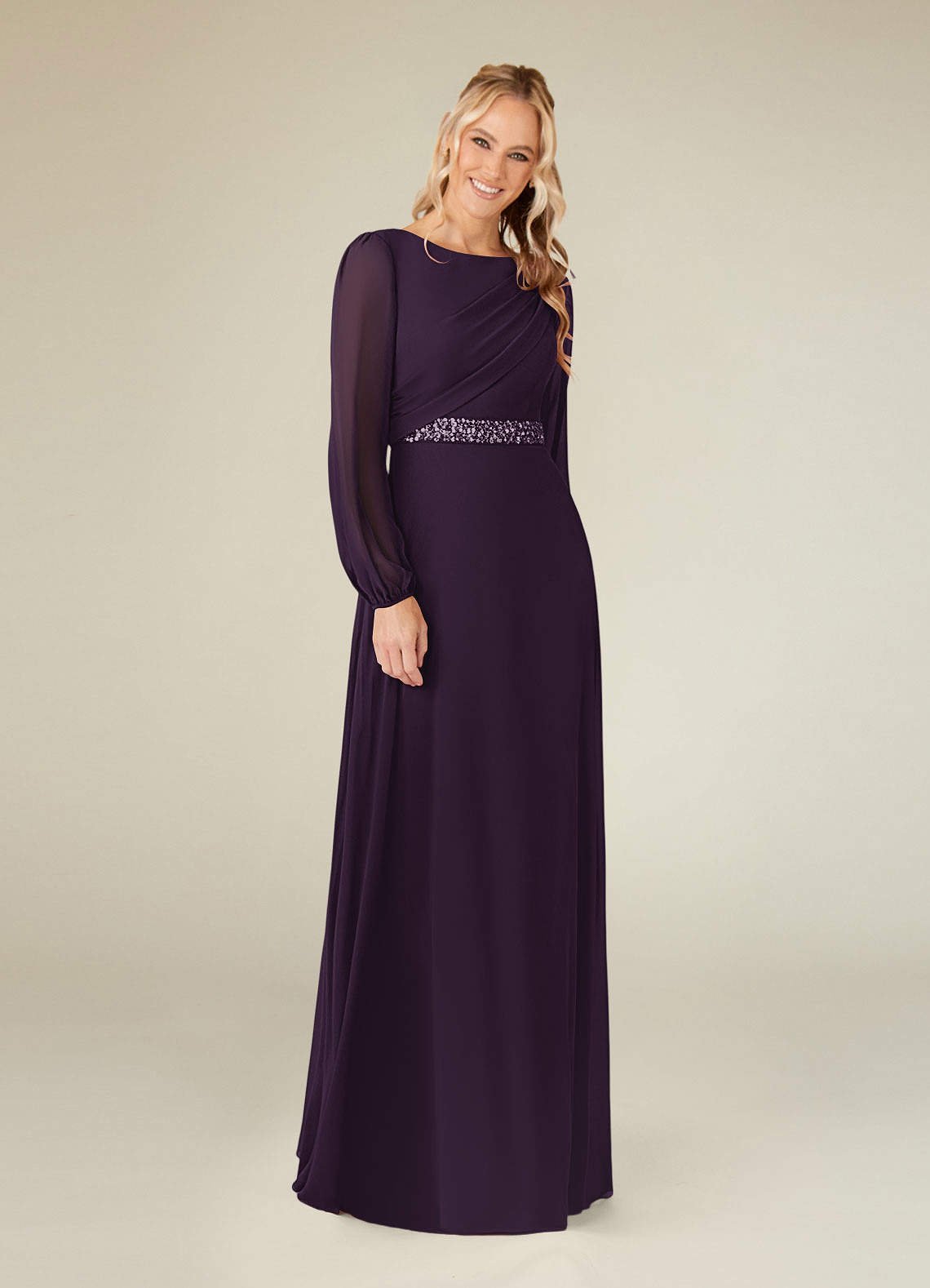 Priyanka A-Line Boat-Neck Chiffon Mother of the Bride Dress in Plum