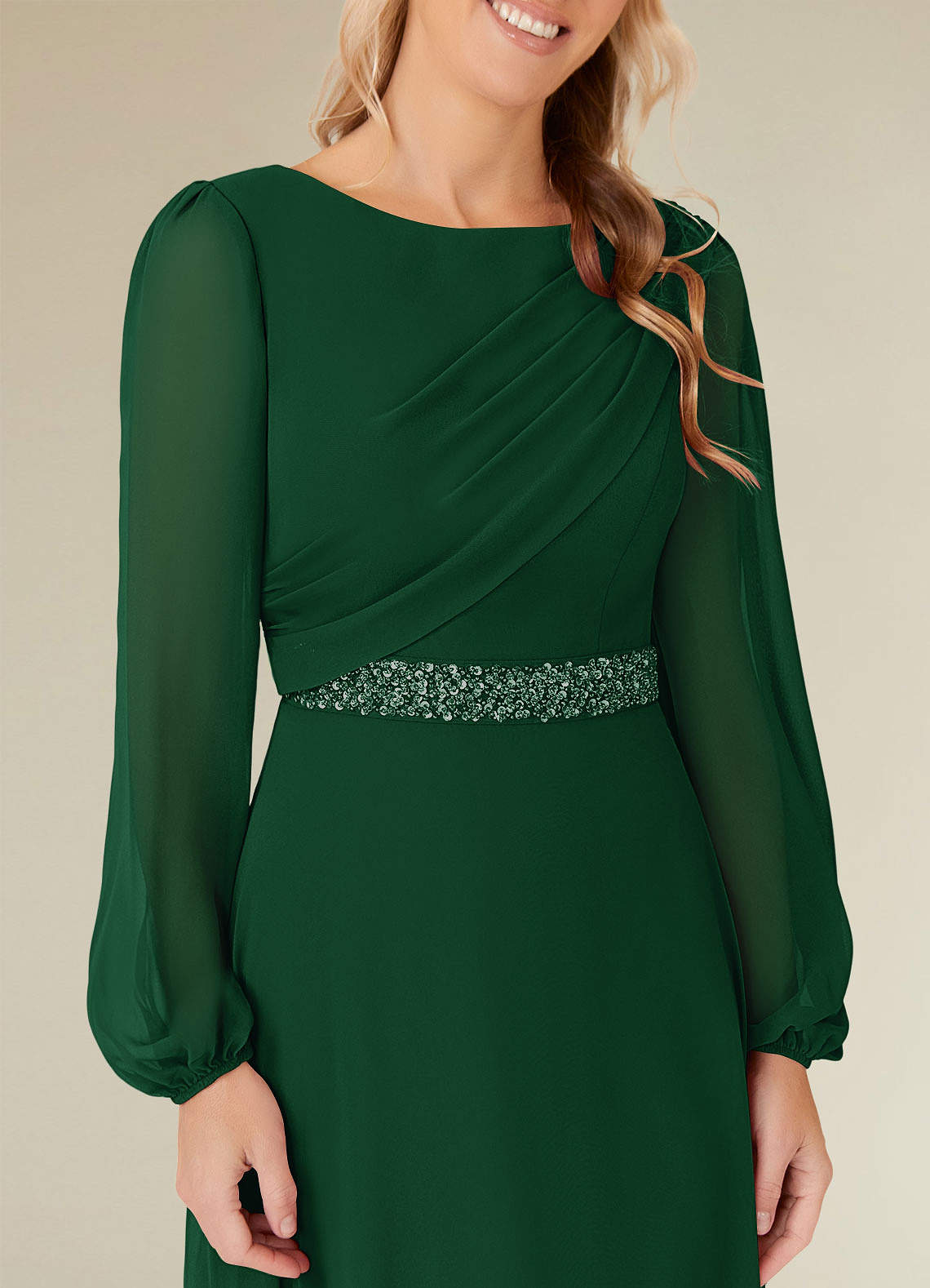 Priyanka A-Line Boat-Neck Chiffon Mother of the Bride Dress in Dark Green