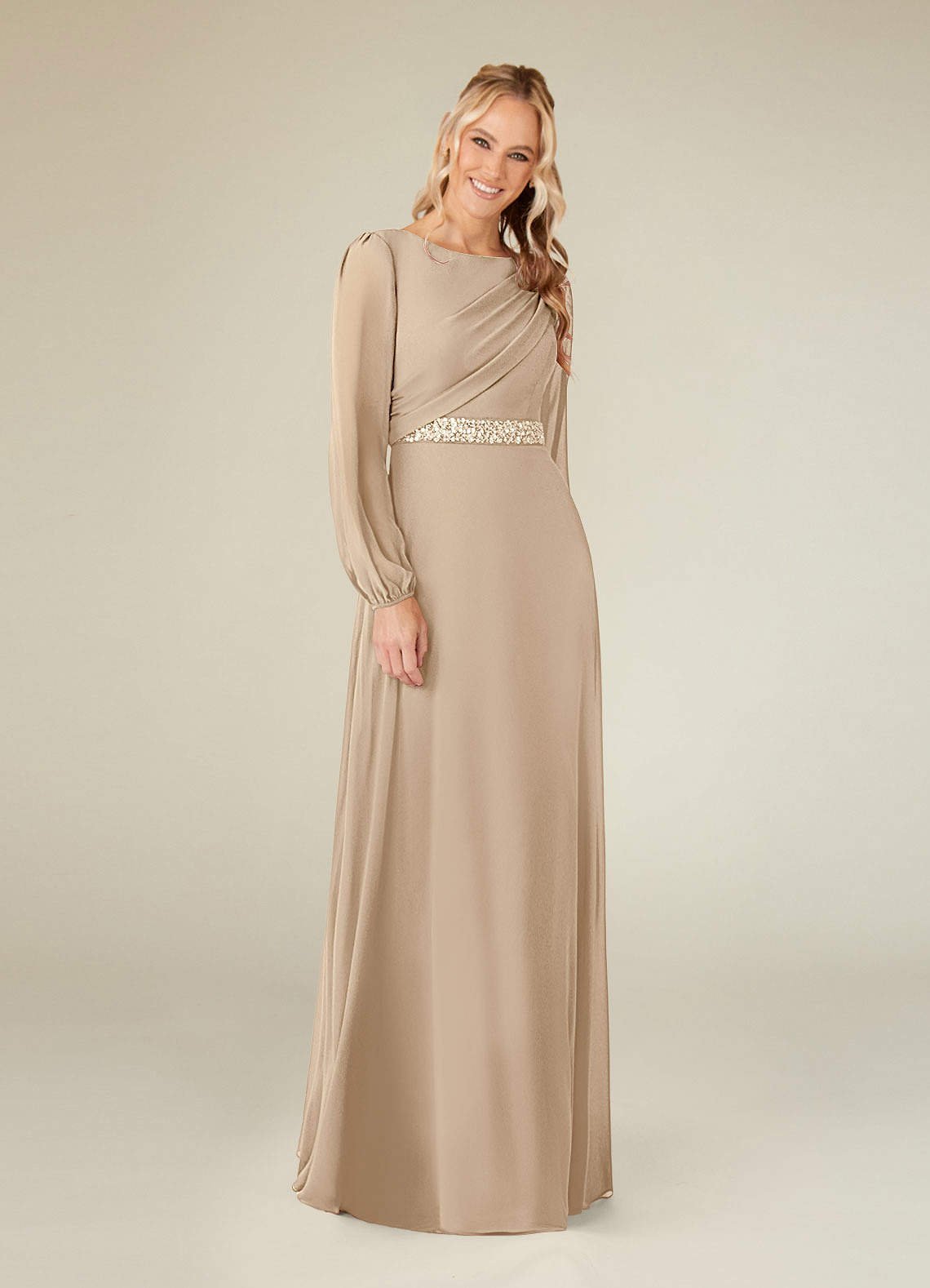 Priyanka A-Line Boat-Neck Chiffon Mother of the Bride Dress in champagne