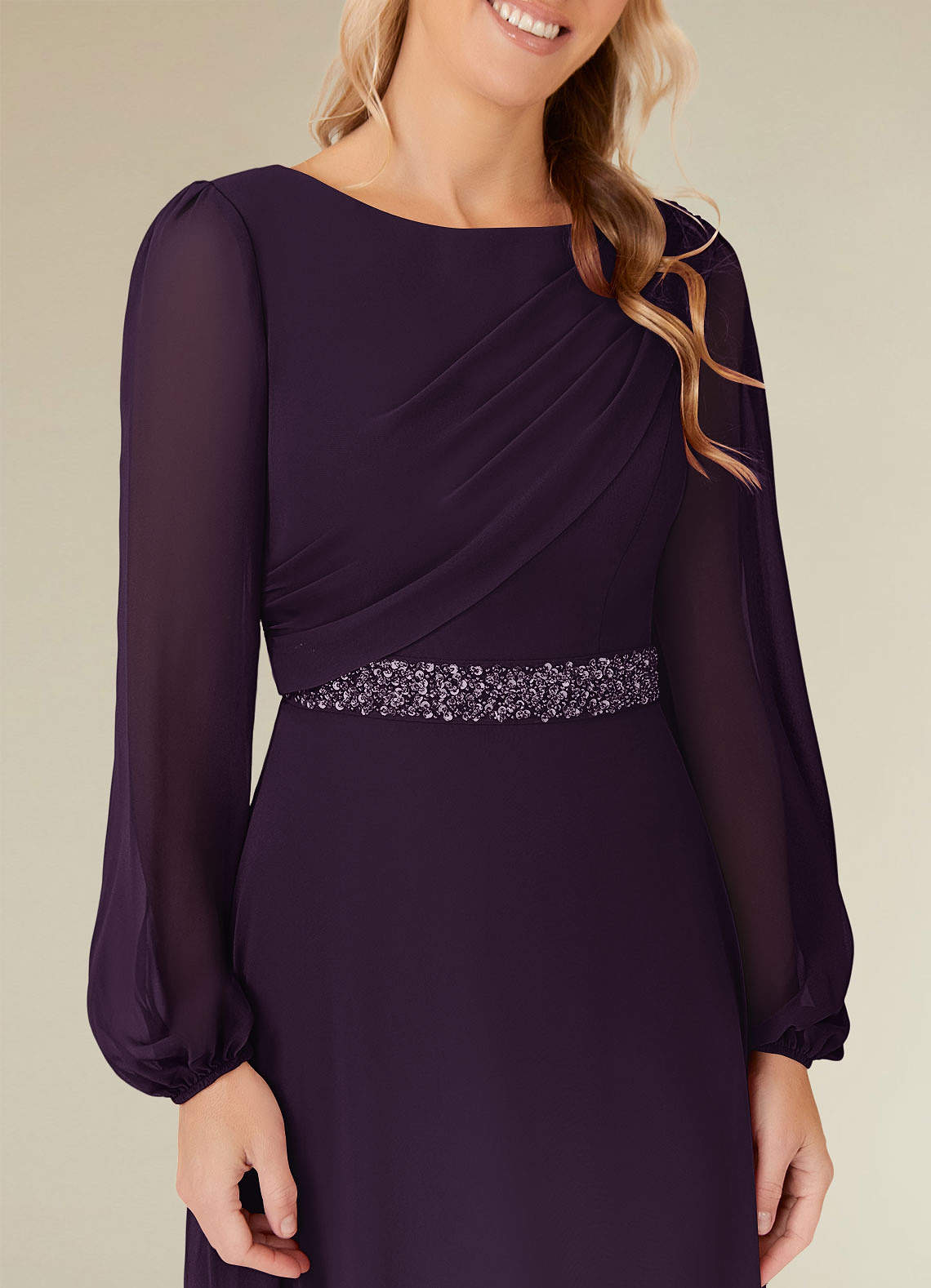 Priyanka A-Line Boat-Neck Chiffon Mother of the Bride Dress in Plum