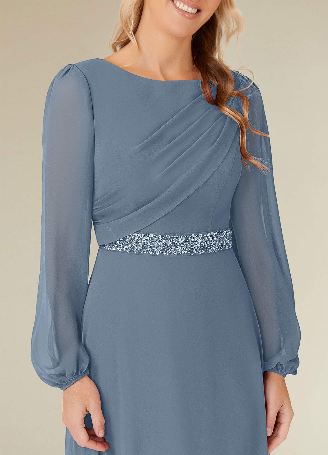 Priyanka A-Line Boat-Neck Chiffon Mother of the Bride Dress in dusty blue
