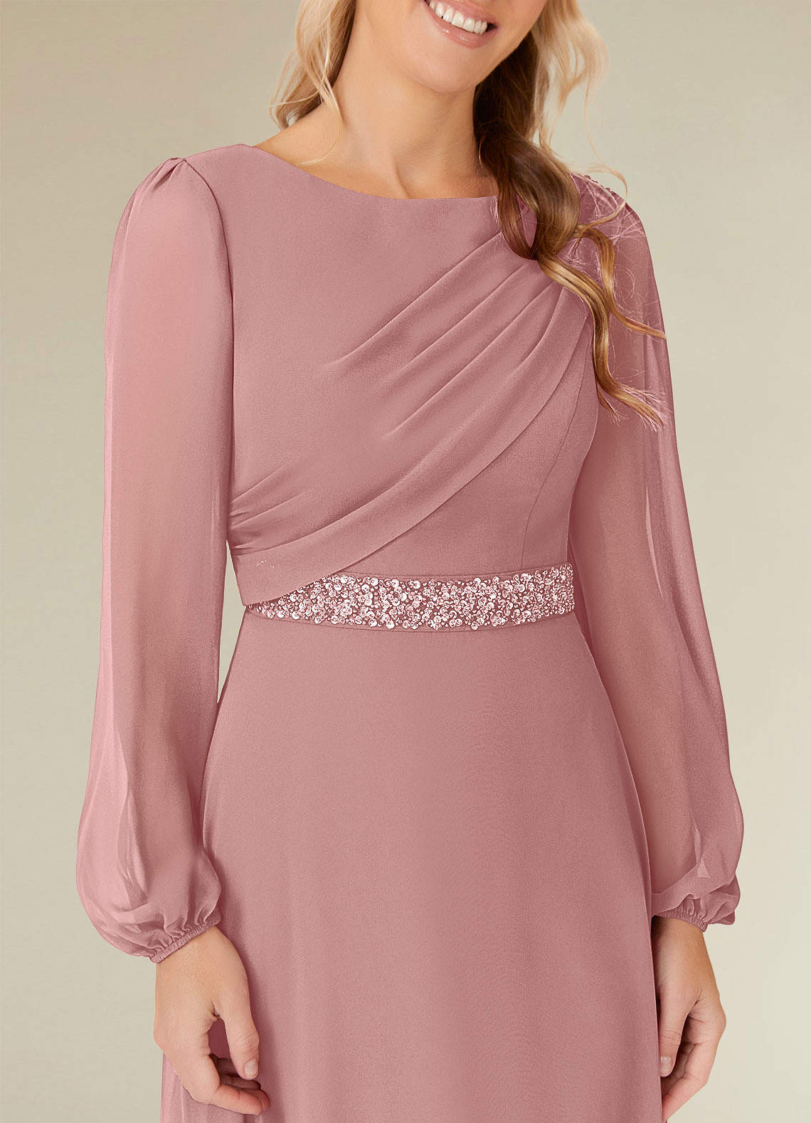 Priyanka A-Line Boat-Neck Chiffon Mother of the Bride Dress in Dusty Rose