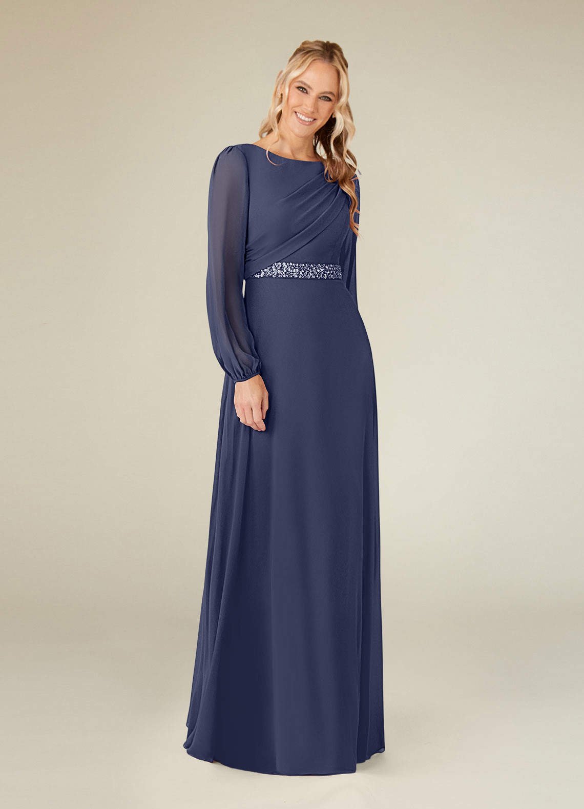 Priyanka A-Line Boat-Neck Chiffon Mother of the Bride Dress in Stormy