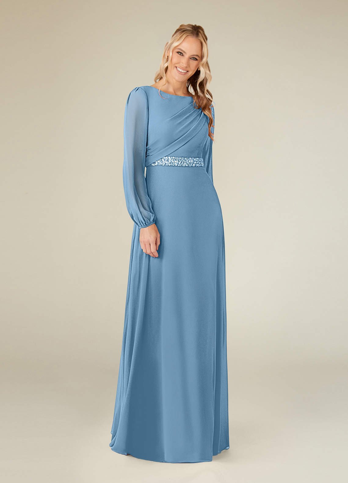 Priyanka A-Line Boat-Neck Chiffon Mother of the Bride Dress in Steel Blue