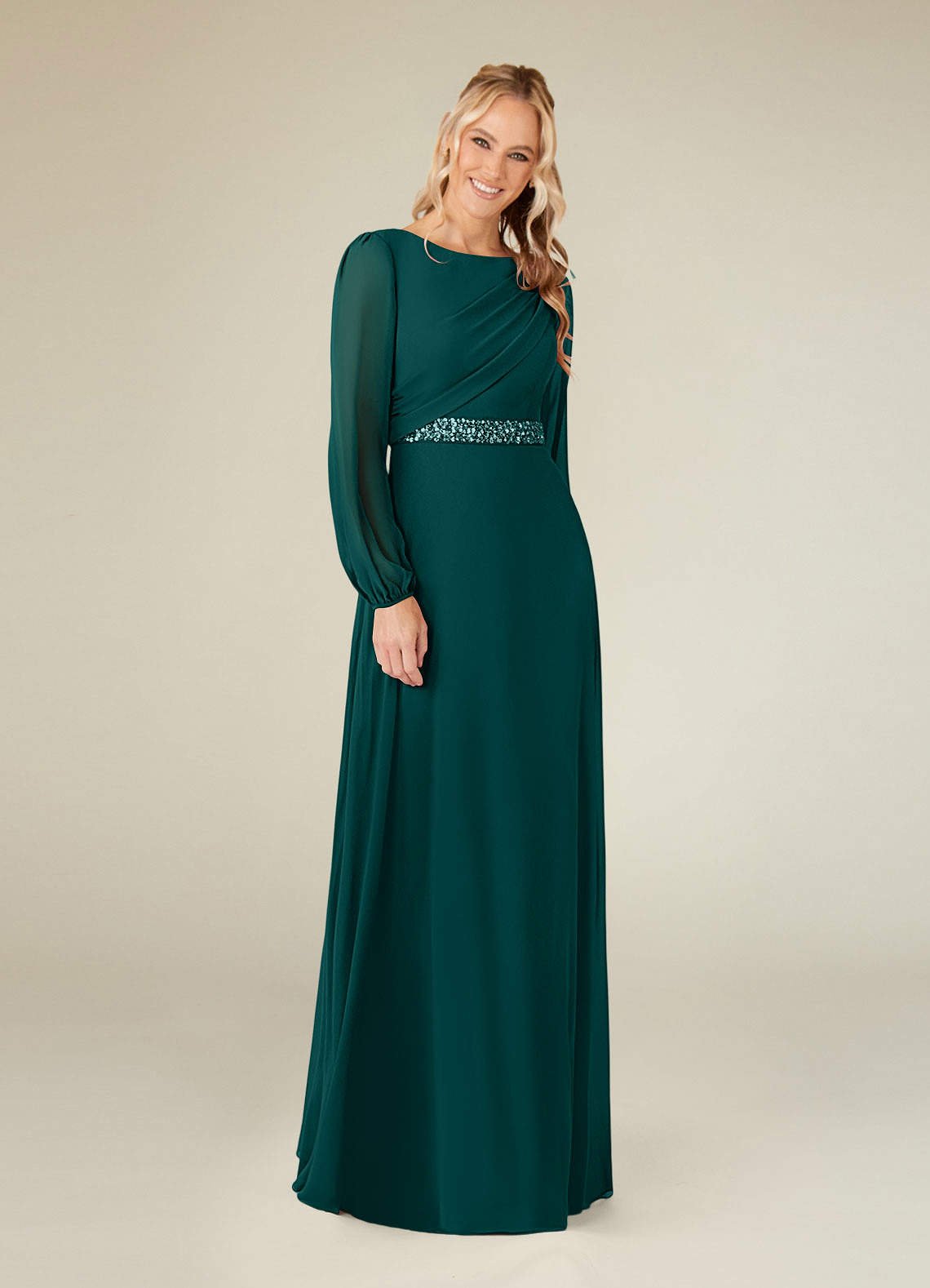 Priyanka A-Line Boat-Neck Chiffon Mother of the Bride Dress in Peacock