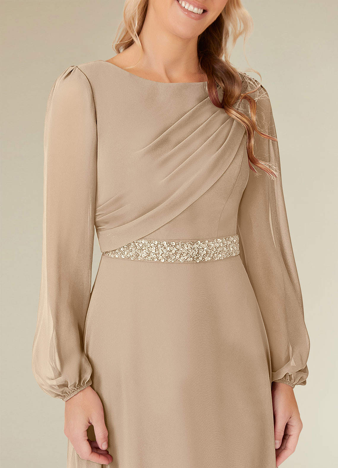 Priyanka A-Line Boat-Neck Chiffon Mother of the Bride Dress in champagne