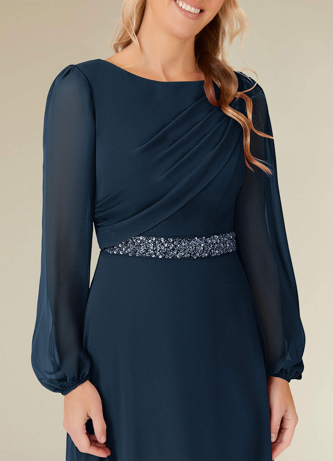 Priyanka A-Line Boat-Neck Chiffon Mother of the Bride Dress in Dark Navy