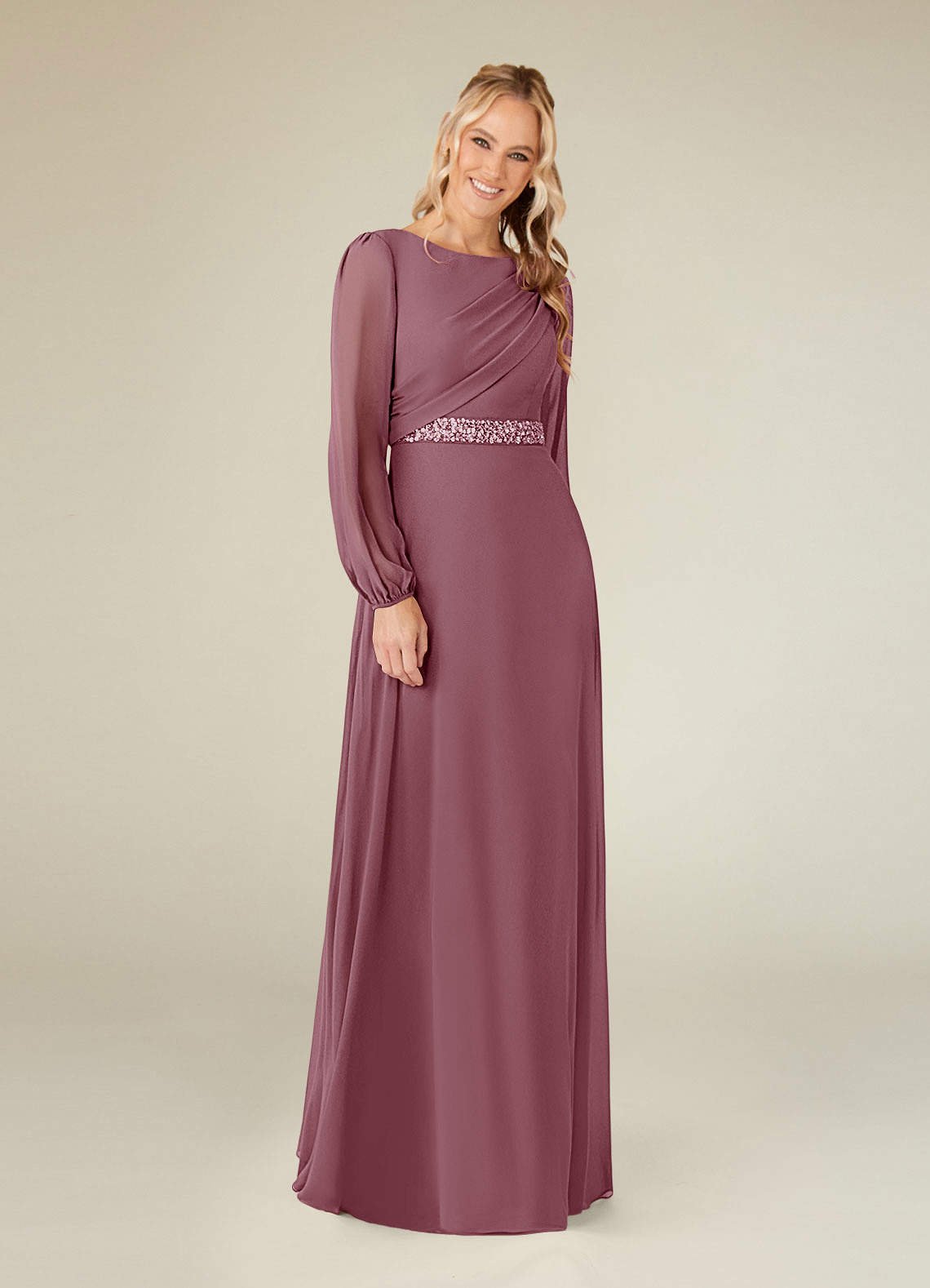 Priyanka A-Line Boat-Neck Chiffon Mother of the Bride Dress in Vintage Mauve