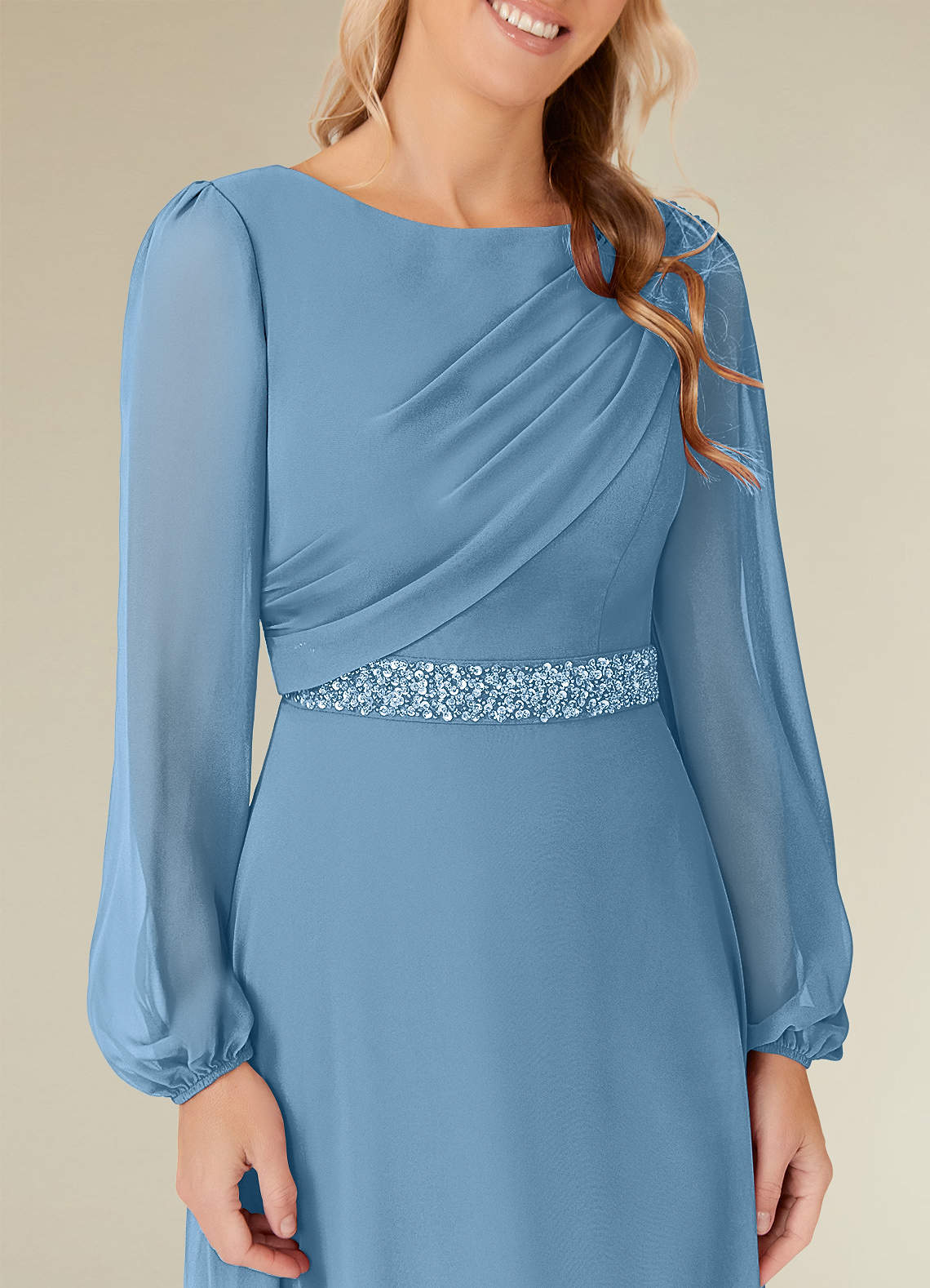 Priyanka A-Line Boat-Neck Chiffon Mother of the Bride Dress in Steel Blue