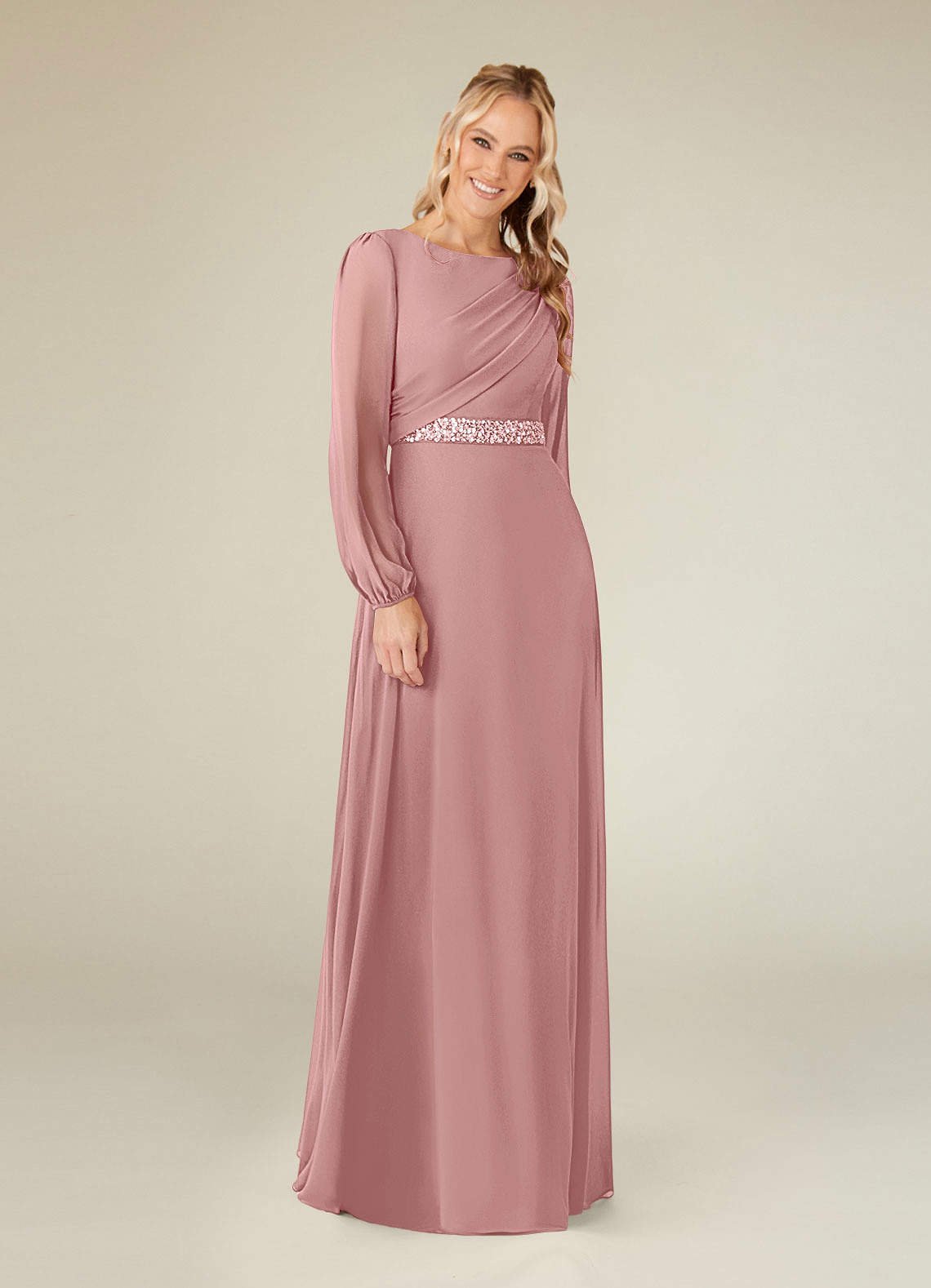 Priyanka A-Line Boat-Neck Chiffon Mother of the Bride Dress in Dusty Rose