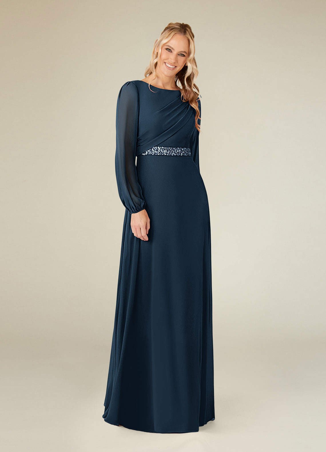 Priyanka A-Line Boat-Neck Chiffon Mother of the Bride Dress in Dark Navy