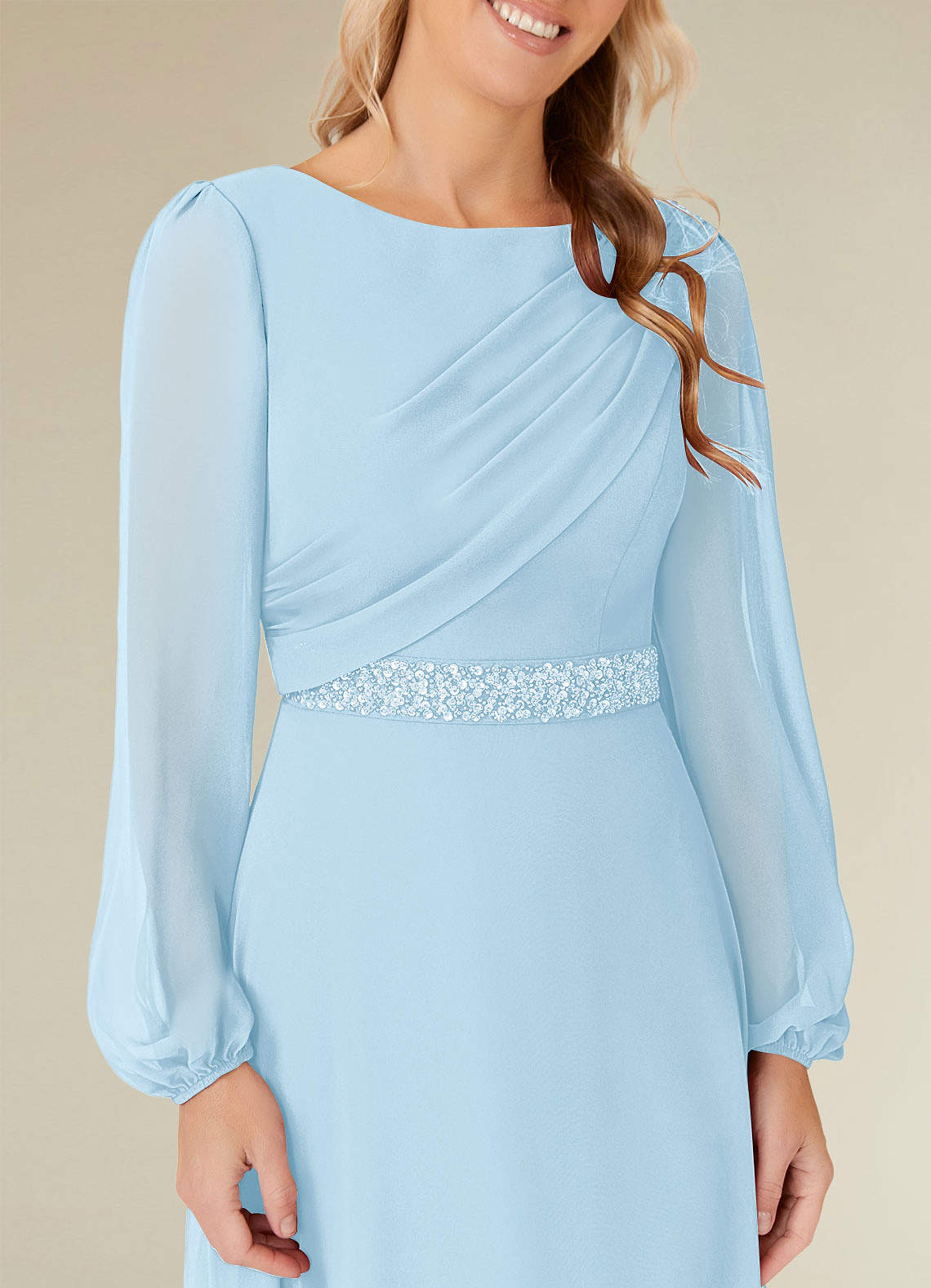 Priyanka A-Line Boat-Neck Chiffon Mother of the Bride Dress in Sky Blue